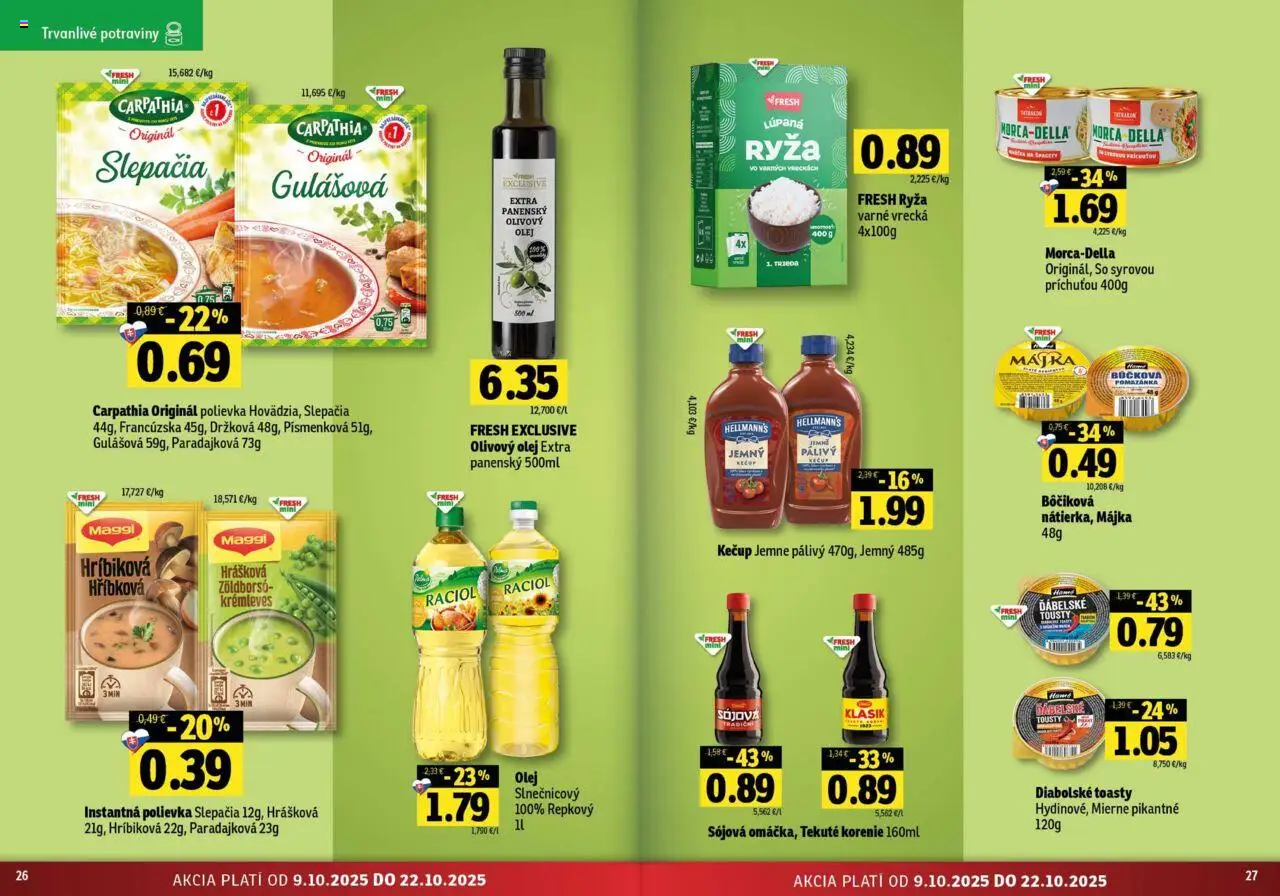 Nové Fresh akcie – leták je platný od 09.10.2025 | Strana: 14 | Produkty: Ryža, Olivový olej, Kečup, Špagety