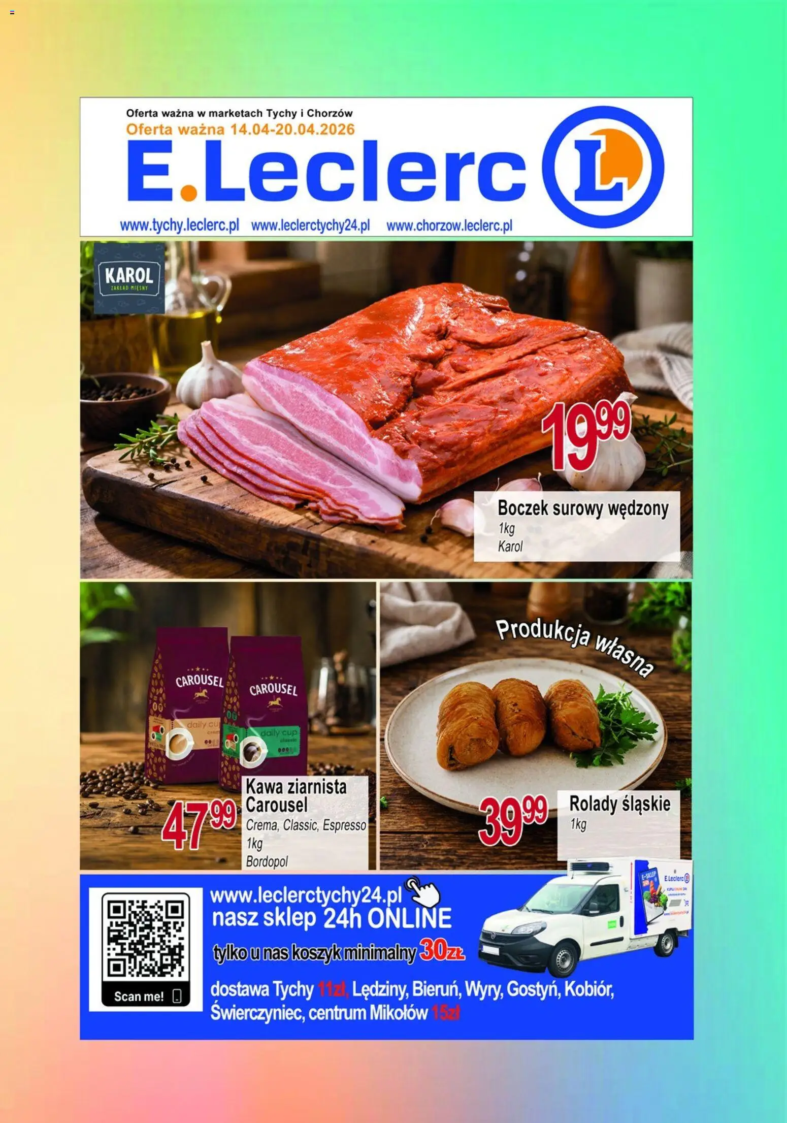 E.Leclerc gazetka - Tychy od 14.04.2026 | Strona: 1 | Produkty: Kawa ziarnista, Boczek, Kawa, Boczek surowy