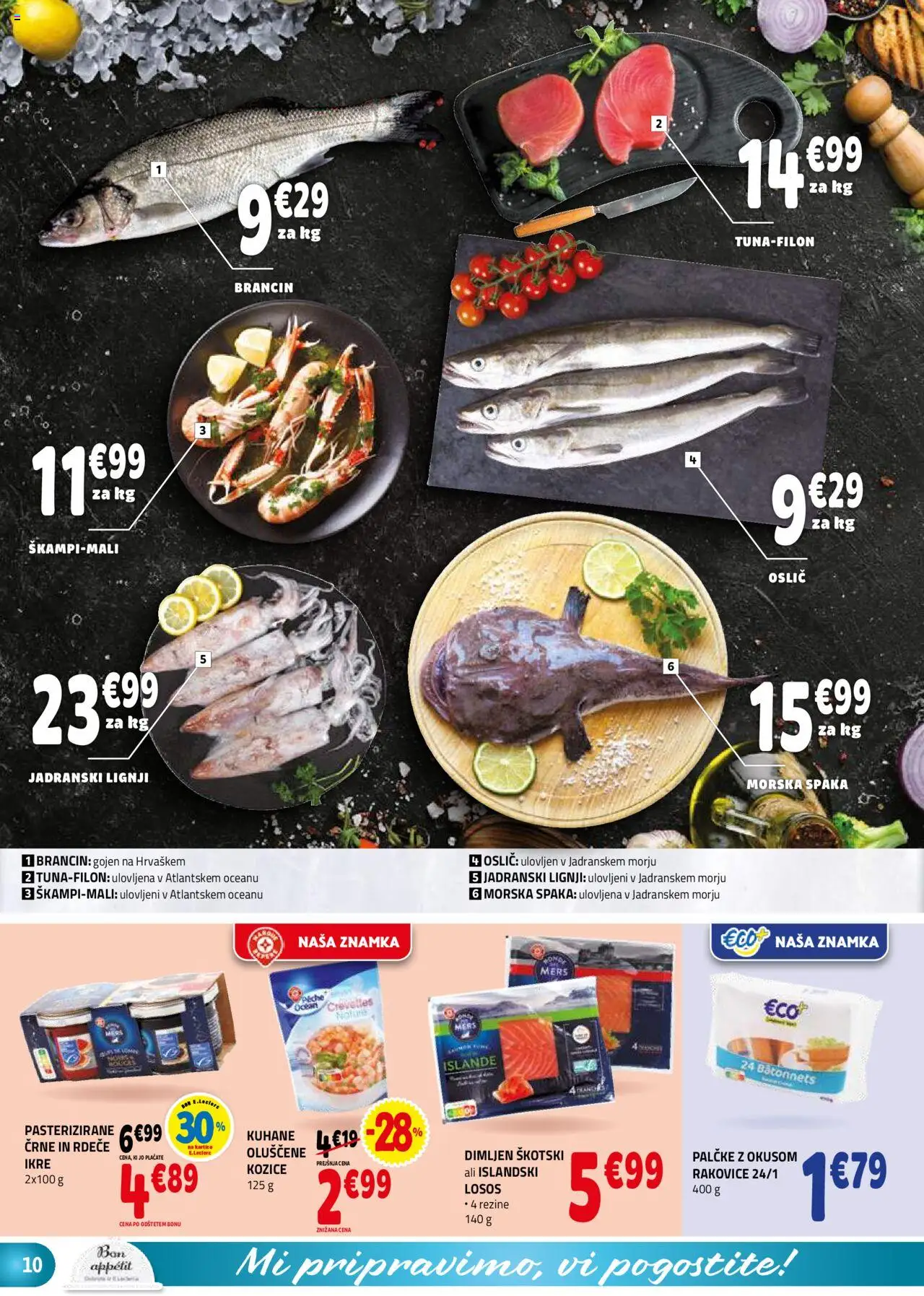 Novi E.leclerc katalog ponudbe – veljaven od 01.10.2025 | Stran: 10 | Izdelki: Lignji, Oslič, Kozice, Losos