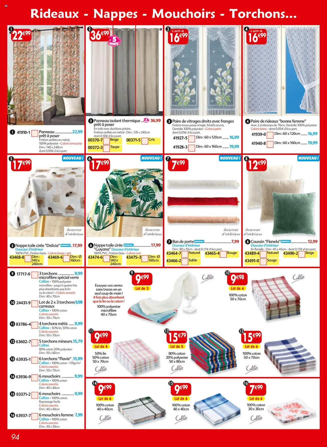 {H1} | Page: 94 | Produits: Coton, Porte, Mouchoirs, Nappe