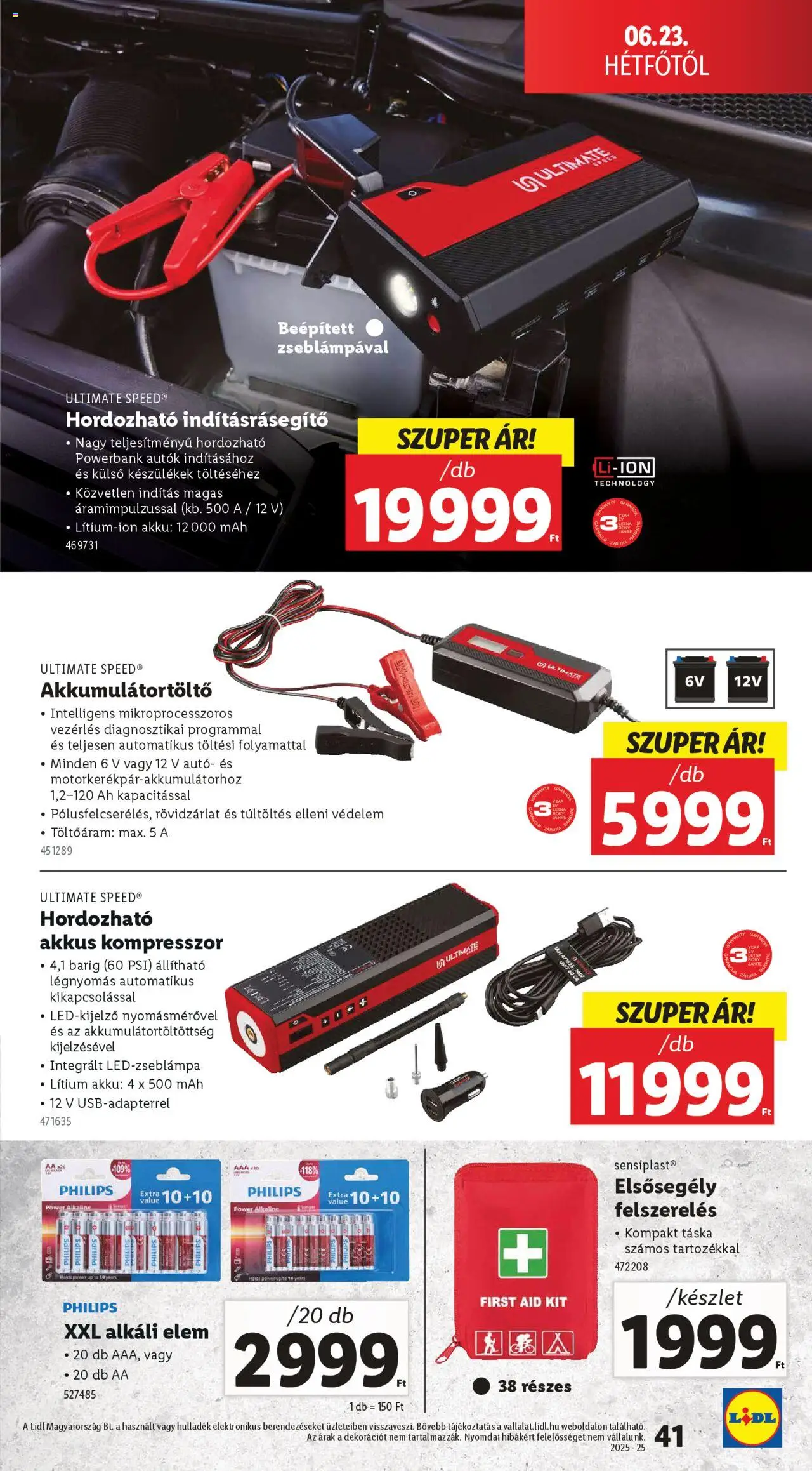 Lidl akciós ujság - amely érvényes a következő dátumtól: 19.06.2025 | Oldal: 41 | Termékek: Powerbank, Táska, Kompresszor