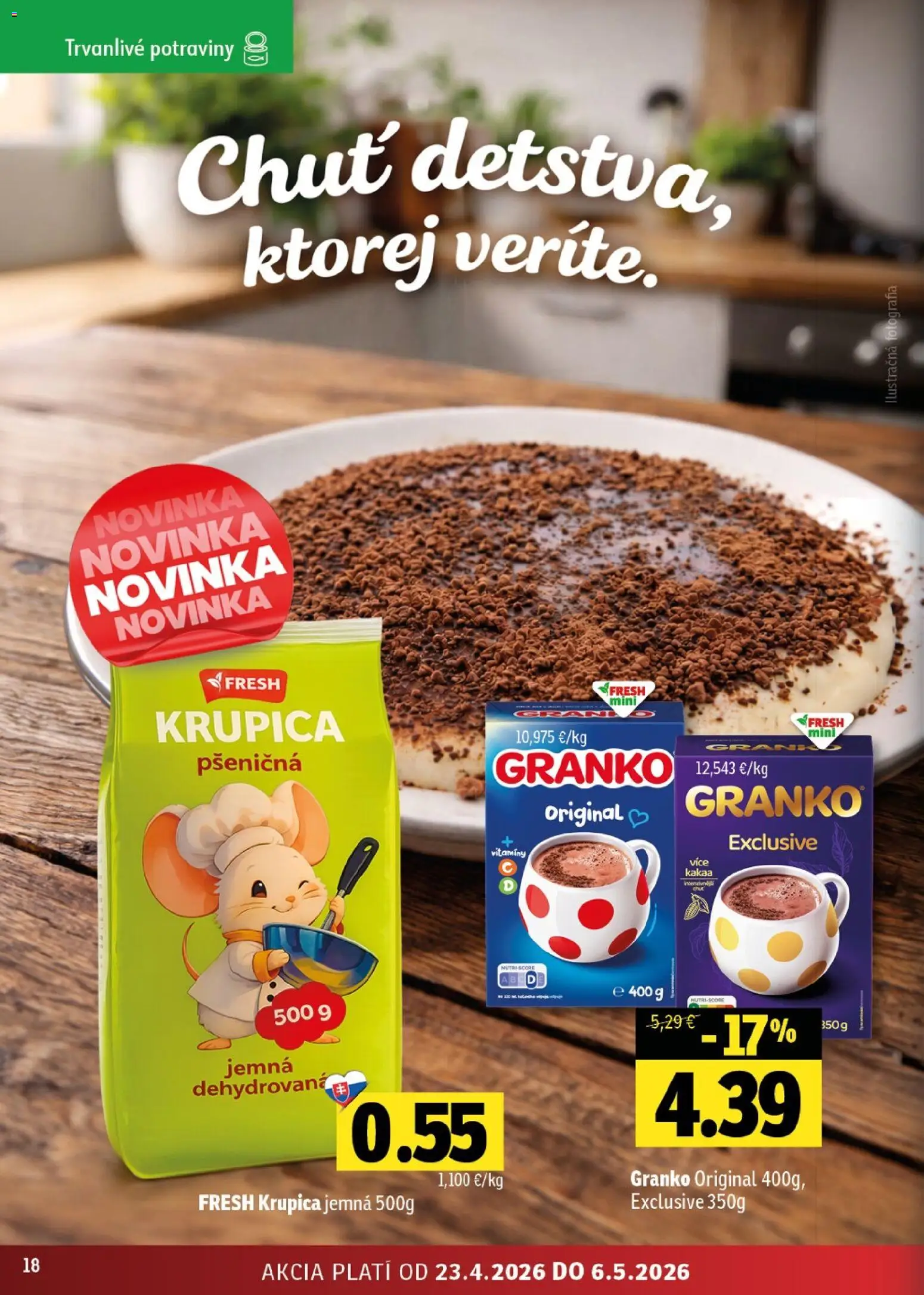 Nové Fresh akcie – leták je platný od 23.04.2026 | Strana: 18 | Produkty: Granko, Krupica