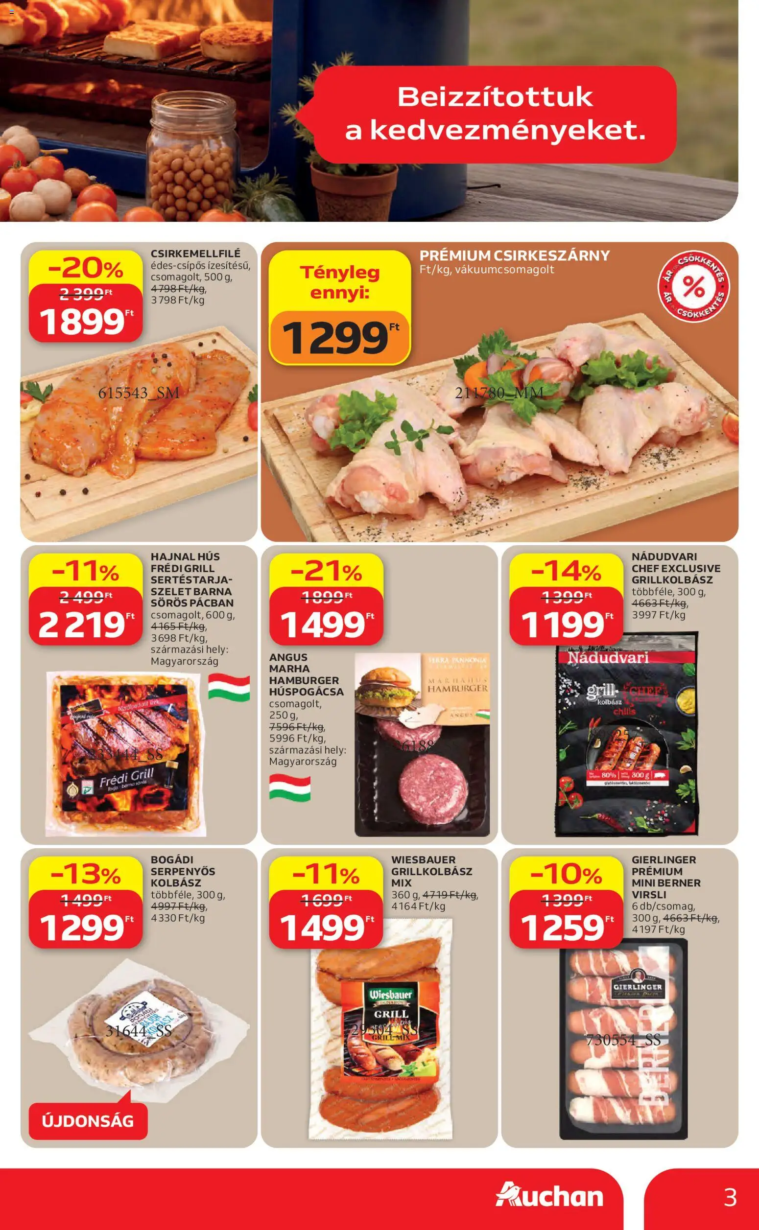Auchan akciós ujság - amely érvényes a következő dátumtól: 16.04.2026 | Oldal: 3 | Termékek: Virsli, Hamburger, Hús, Grill