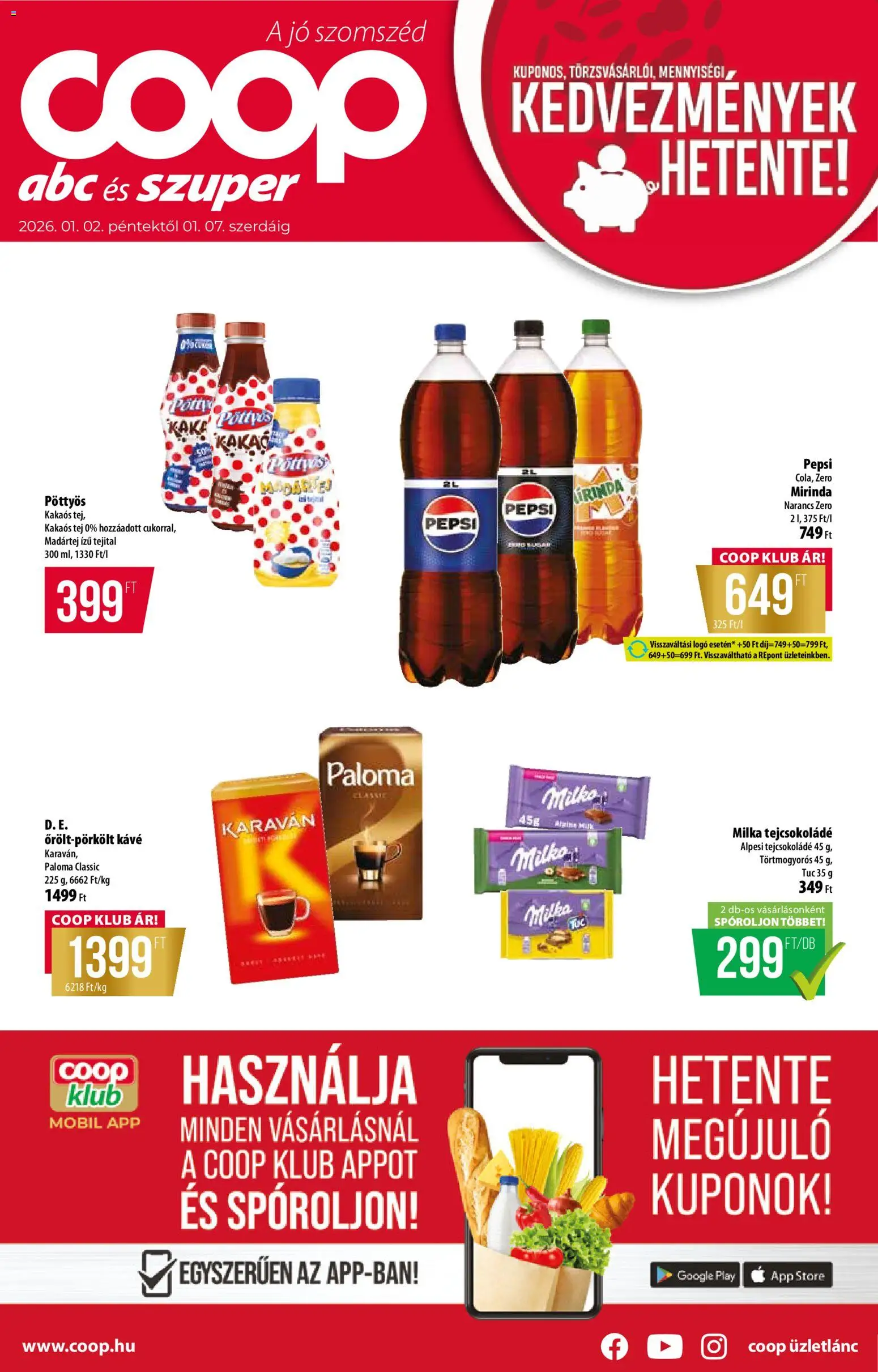 COOP akciós ujság - amely érvényes a következő dátumtól: 02.01.2026 | Oldal: 1 | Termékek: Pepsi, Tejcsokoládé, Kávé, Narancs