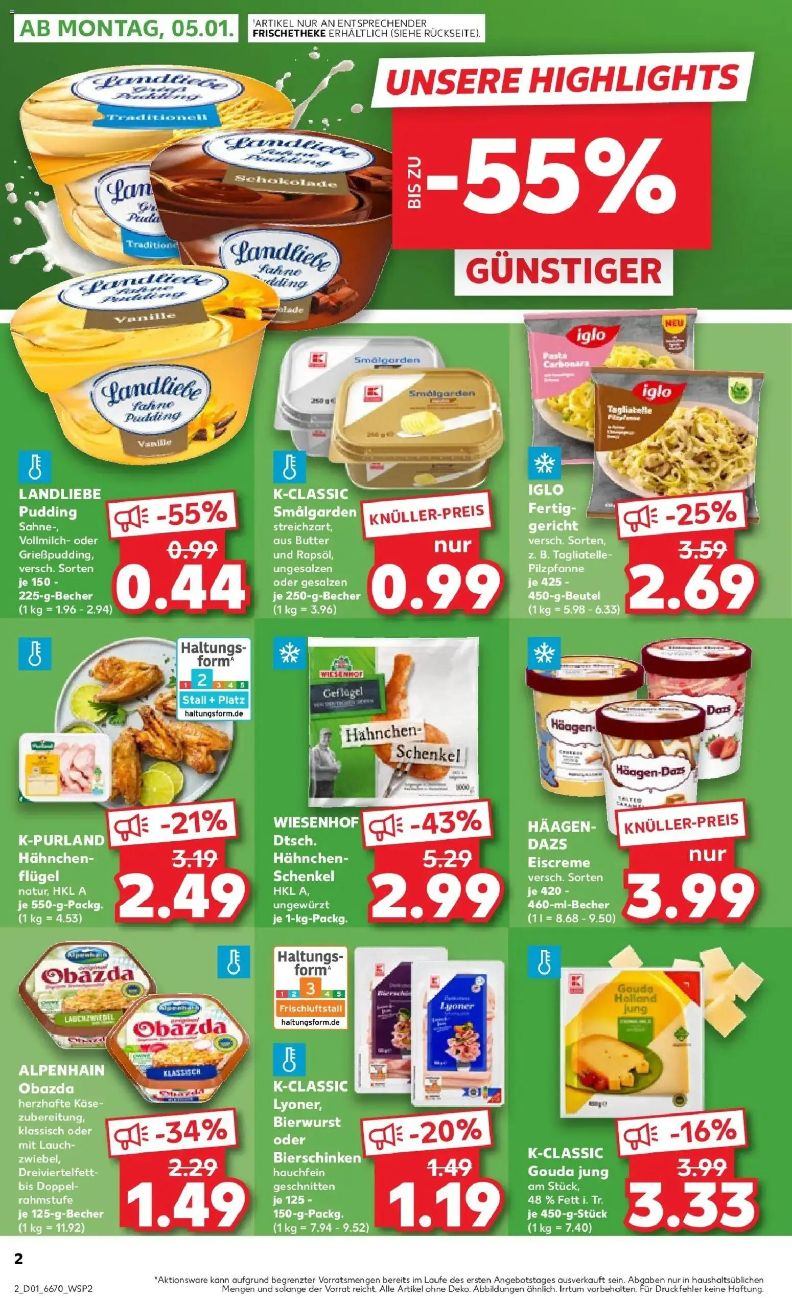 Kaufland prospekt Viersen	 – gültig ab 05.01.2026 | Seite: 2 | Produkte: Hahnchen, Gouda, Eiscreme, Pasta