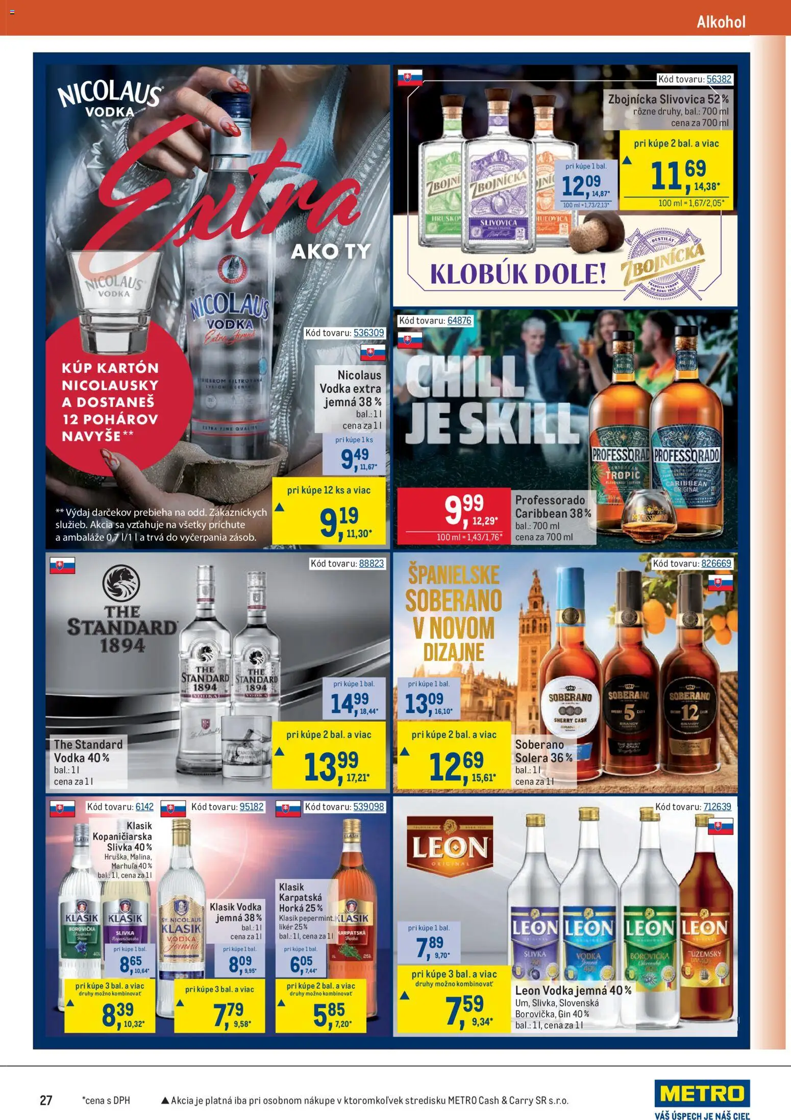Nové Metro akcie – leták je platný od 05.11.2025 | Strana: 27 | Produkty: Borovička, Slivovica, Gin, Alkohol