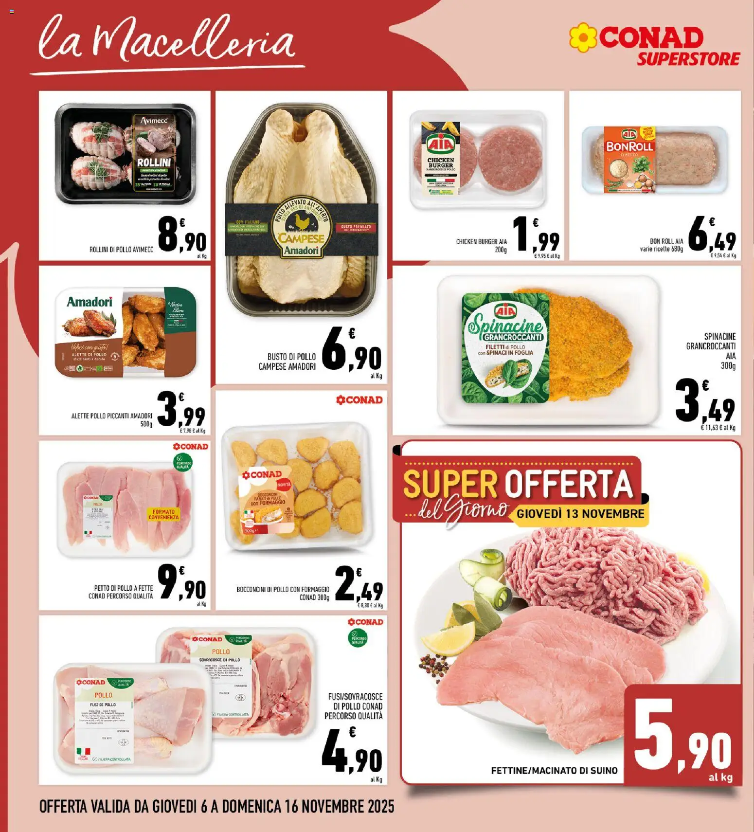 Volantino Conad del 06.11.2025 | Pagina: 8 | Prodotti: Petto di Pollo, Suino, Formaggio, Spinaci