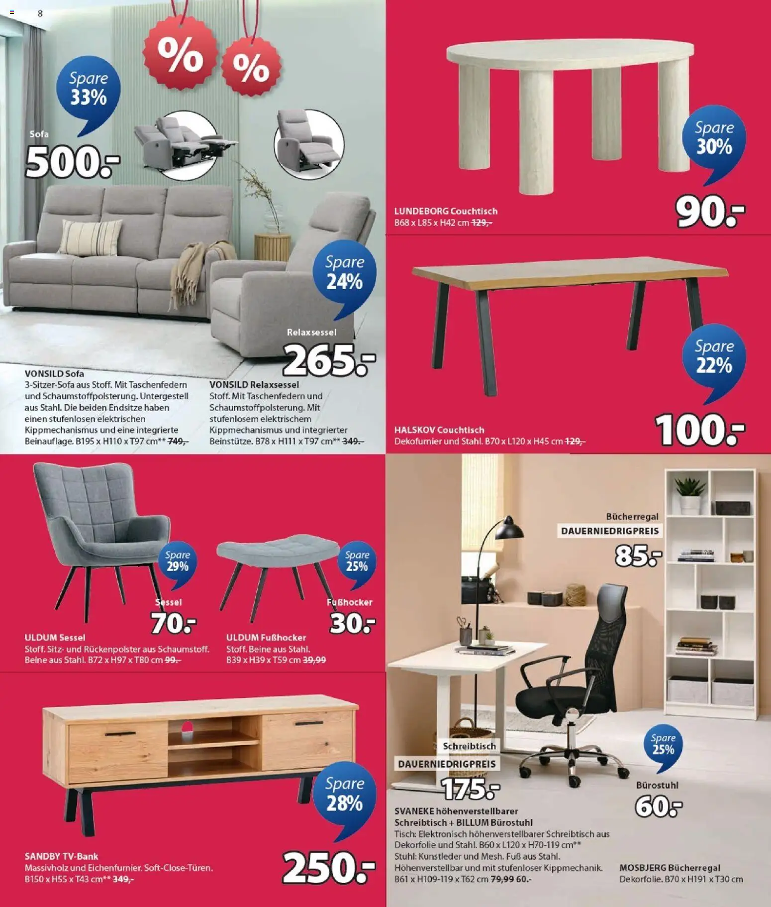 Angebote JYSK – gültig ab 30.12.2025 | Seite: 8 | Produkte: Bücherregal, Sofa, Couchtisch, Stuhl