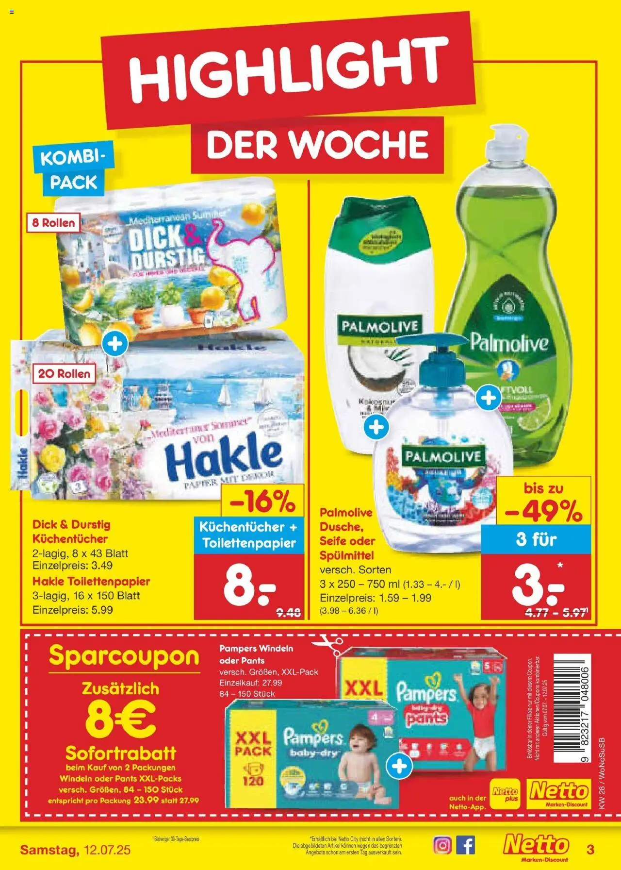 Netto Marken-Discount prospekt Lahnau	 - gültig ab dem 07.07.2025 | Seite: 3 | Produkte: Pampers, Seife, Toilettenpapier