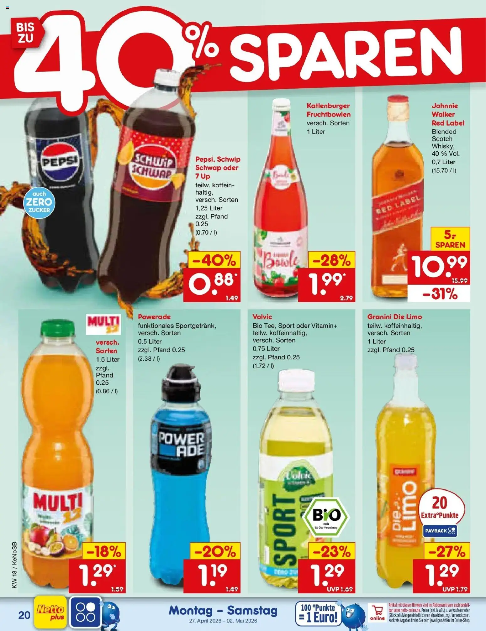 Netto Marken-Discount Prospekt Bonn	 – gültig ab 27.04.2026 | Seite: 24 | Produkte: Powerade, Pepsi, Granini die limo, Volvic
