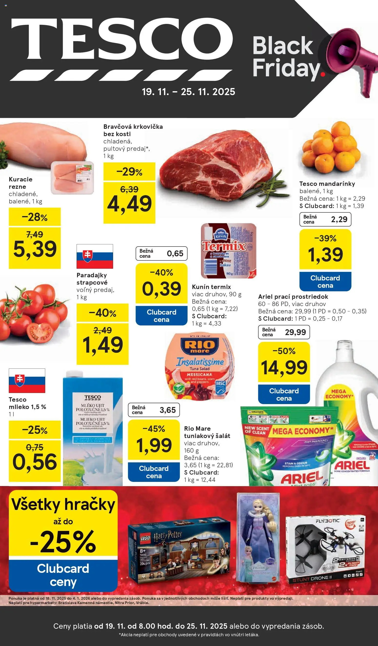 Nové Tesco akcie – leták je platný od 19.11.2025 | Strana: 1 | Produkty: Mlieko, Krkovička, Ariel, Hračky