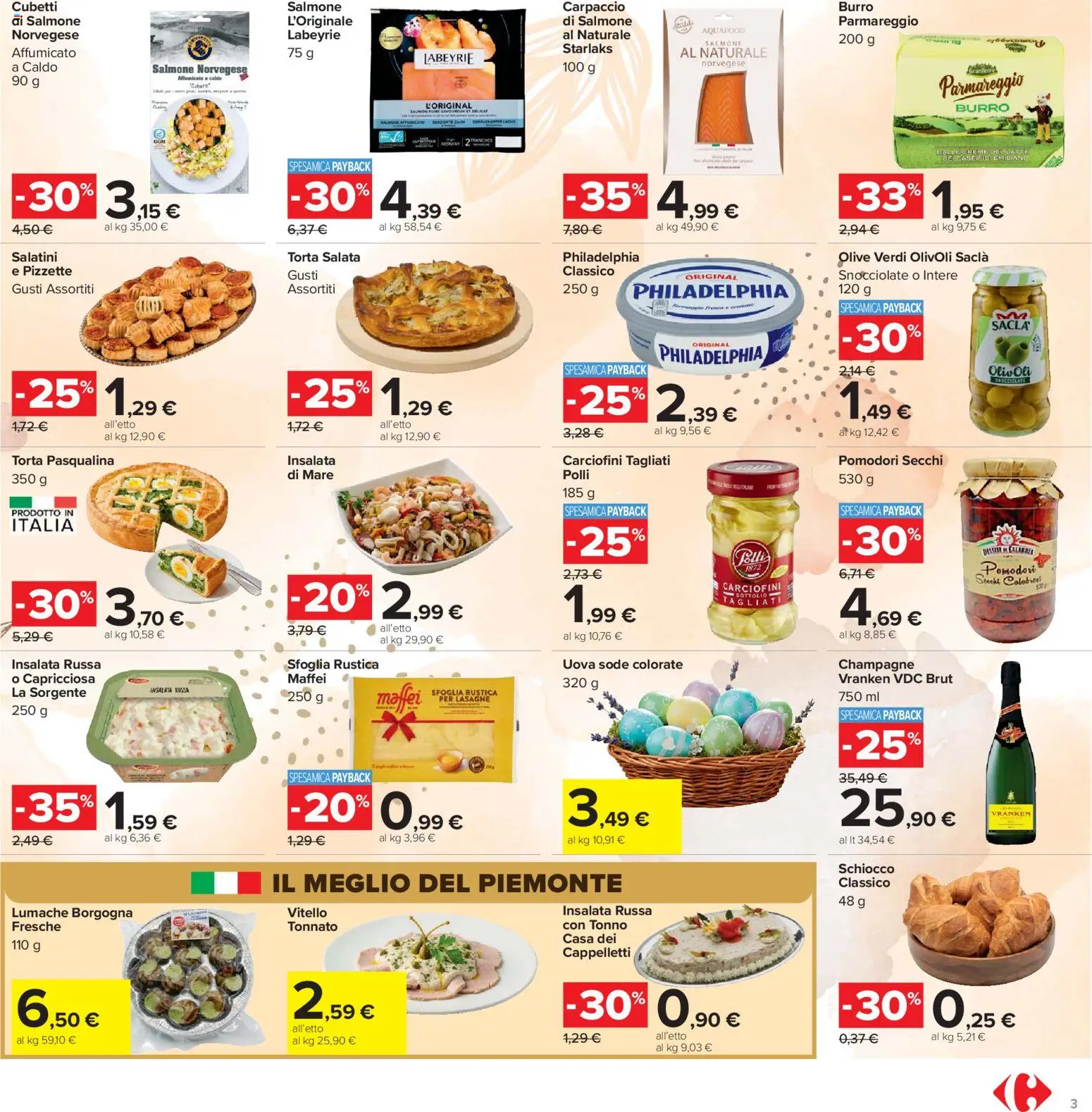 Volantino Carrefour del 24.03.2026 | Pagina: 3 | Prodotti: Uova, Salmone, Olive, Insalata russa