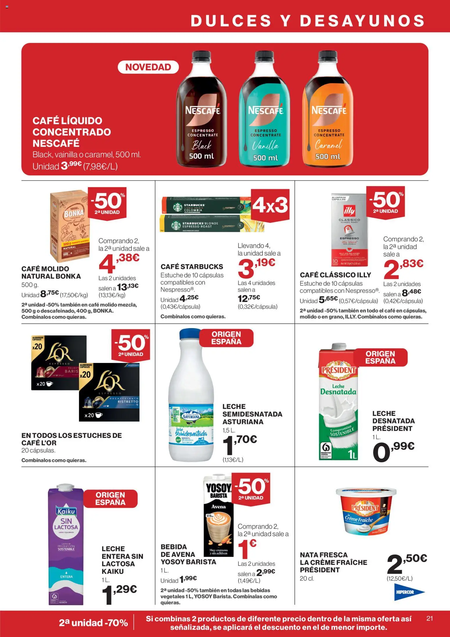 Hipercor catálogo │ válido desde el 09.04.2026 | Página: 21 | Productos: Leche desnatada, Leche, Café, Café molido