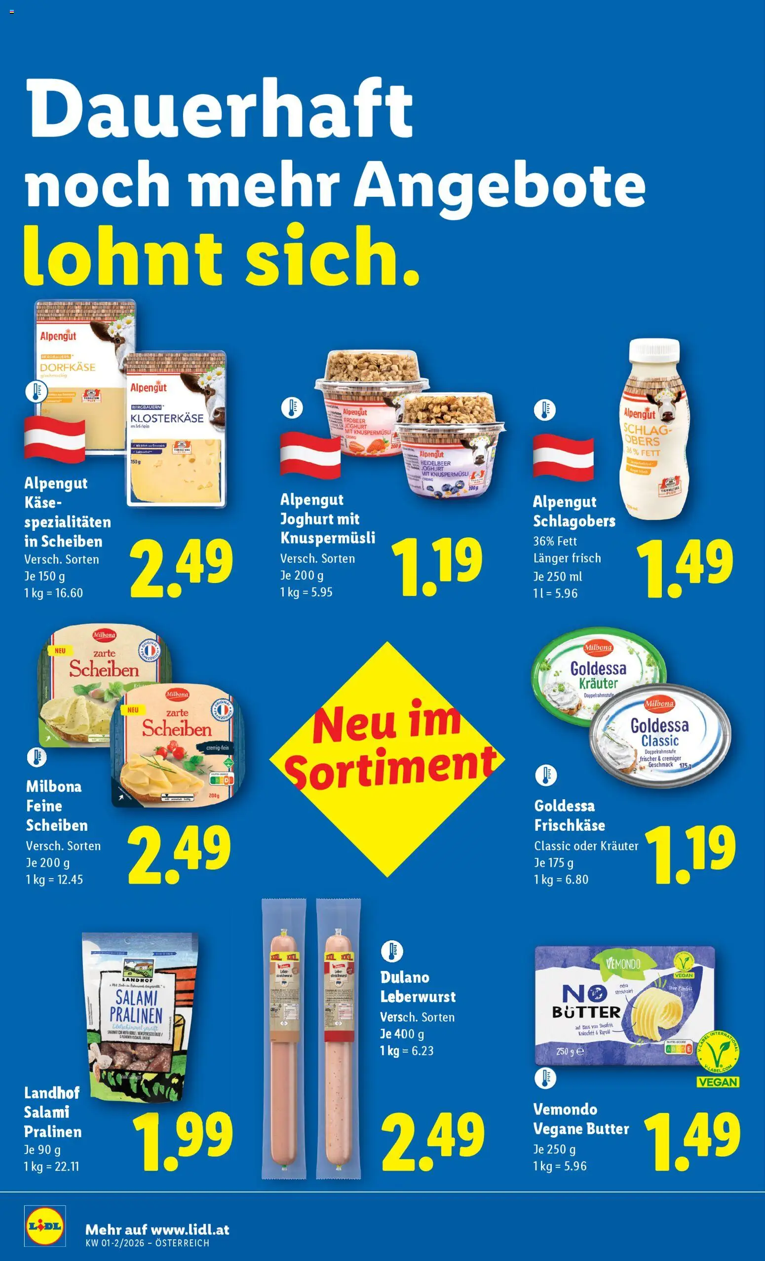 Lidl Flugblatt gültig ab 02.01.2026 | Seite: 2 | Produkte: Butter, Käse, Joghurt, Salami