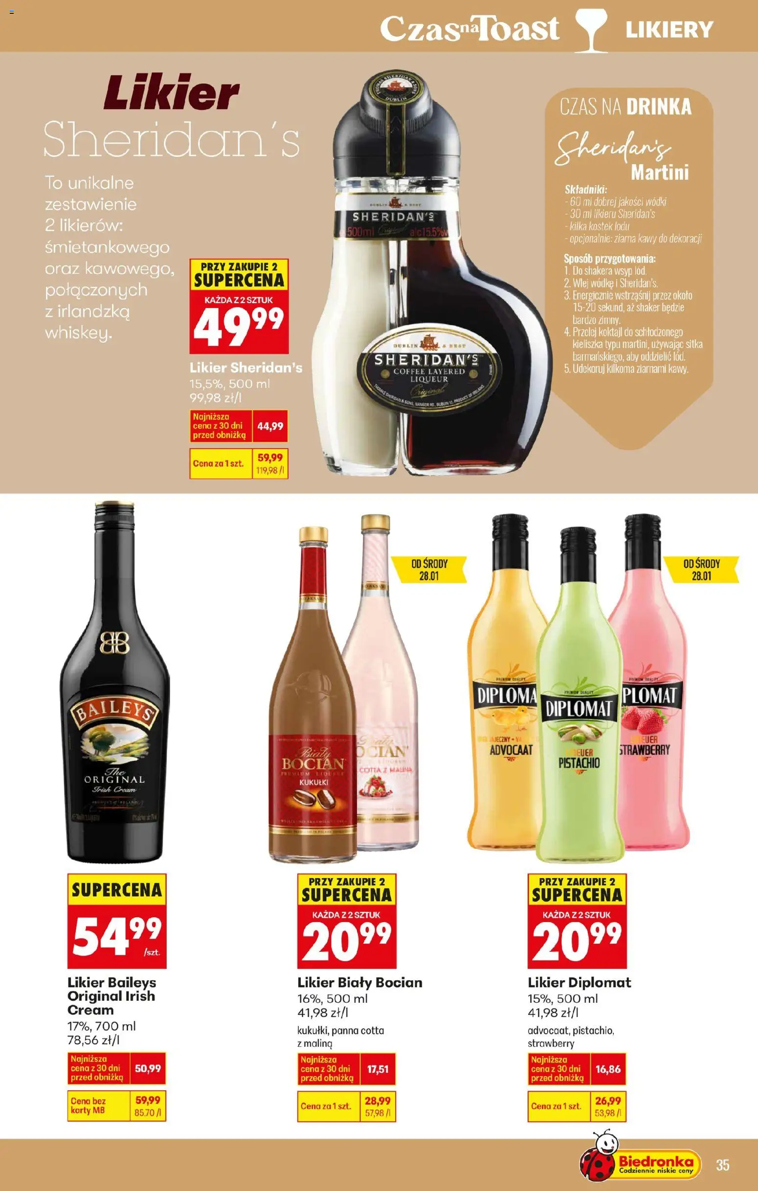 Biedronka gazetka - Czas na toast od 26.01.2026 | Strona: 35 | Produkty: Baileys, Martini, Malina, Likier Sheridan's