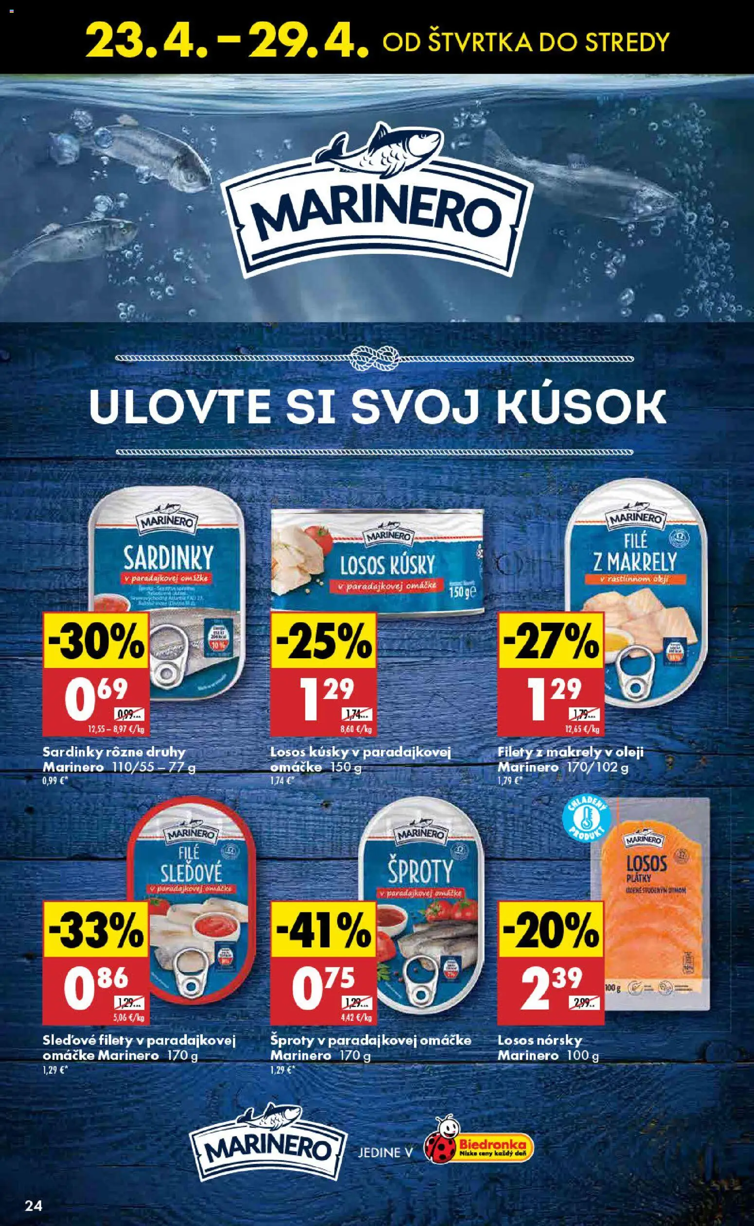 Nové Biedronka akcie – leták je platný od 23.04.2026 | Strana: 24 | Produkty: Sardinky, Losos, Omáčka