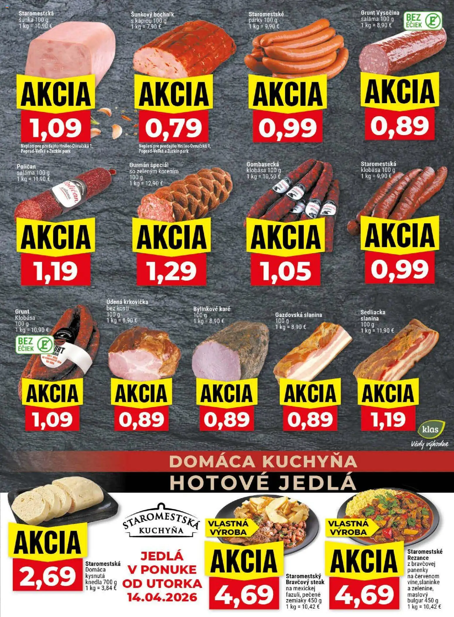 Nové Klas akcie – leták je platný od 13.04.2026 | Strana: 7 | Produkty: Kuchyňa, Klobása, Rezance, Párky