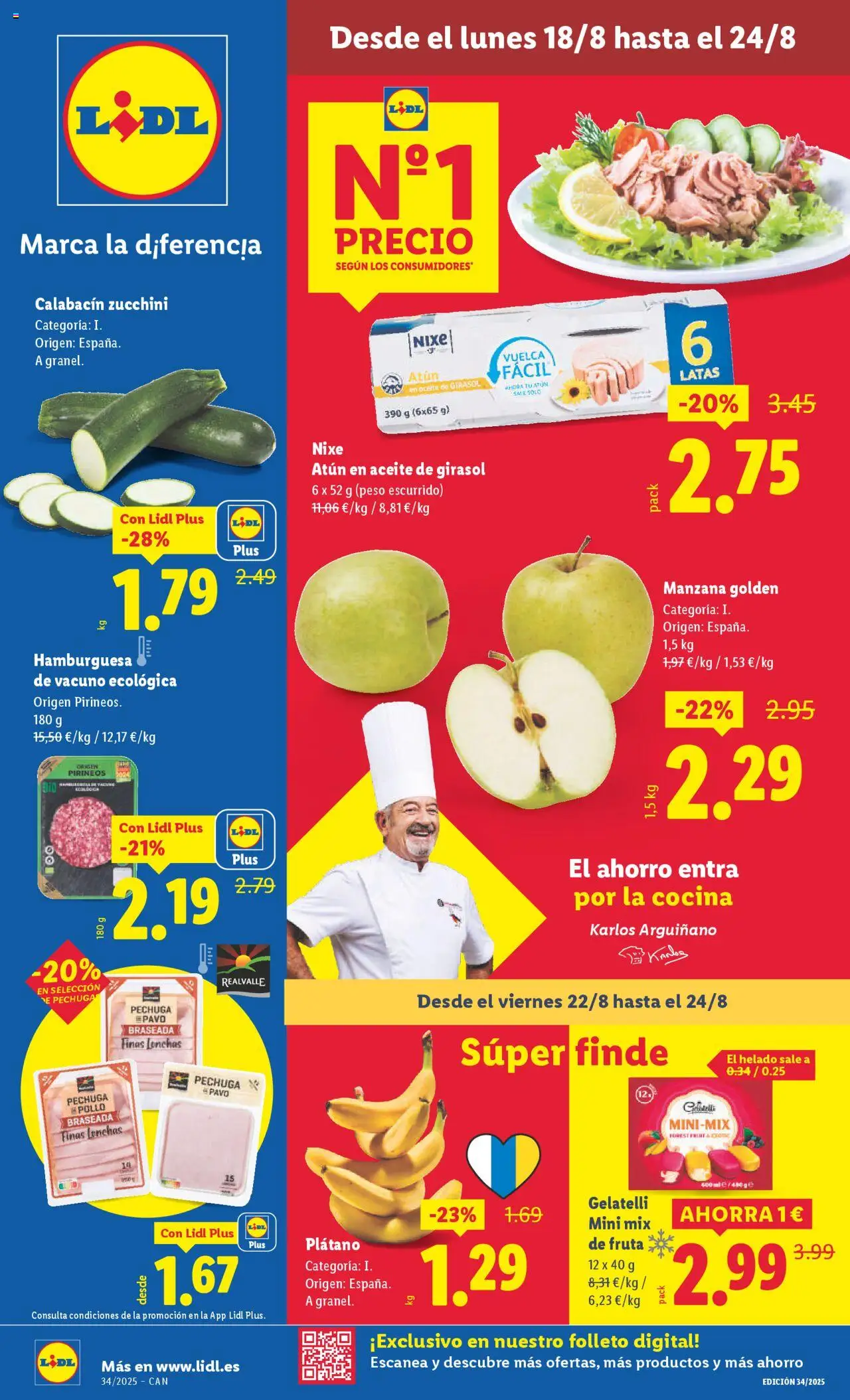 Lidl - Canarias │ válido desde el 18.08.2025 | Página: 1 | Productos: Calabacín, Aceite, Helado, Σοκολατούχο γάλα