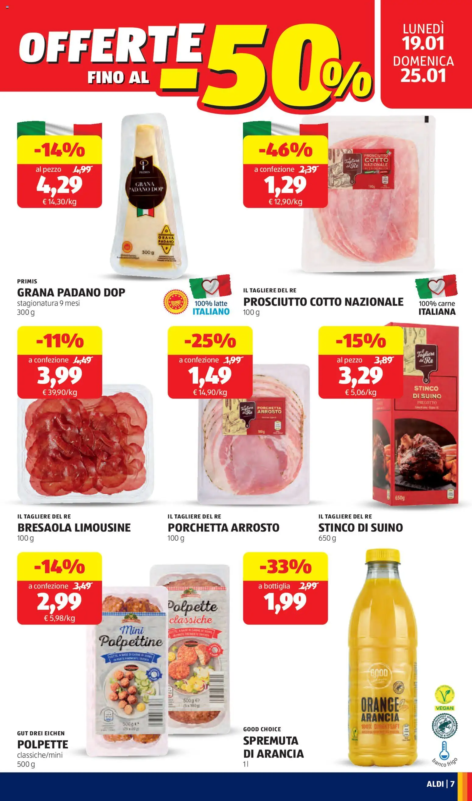 Volantino Aldi del 19.01.2026 | Pagina: 7 | Prodotti: Latte, Grana Padano, Tagliere, Polpette