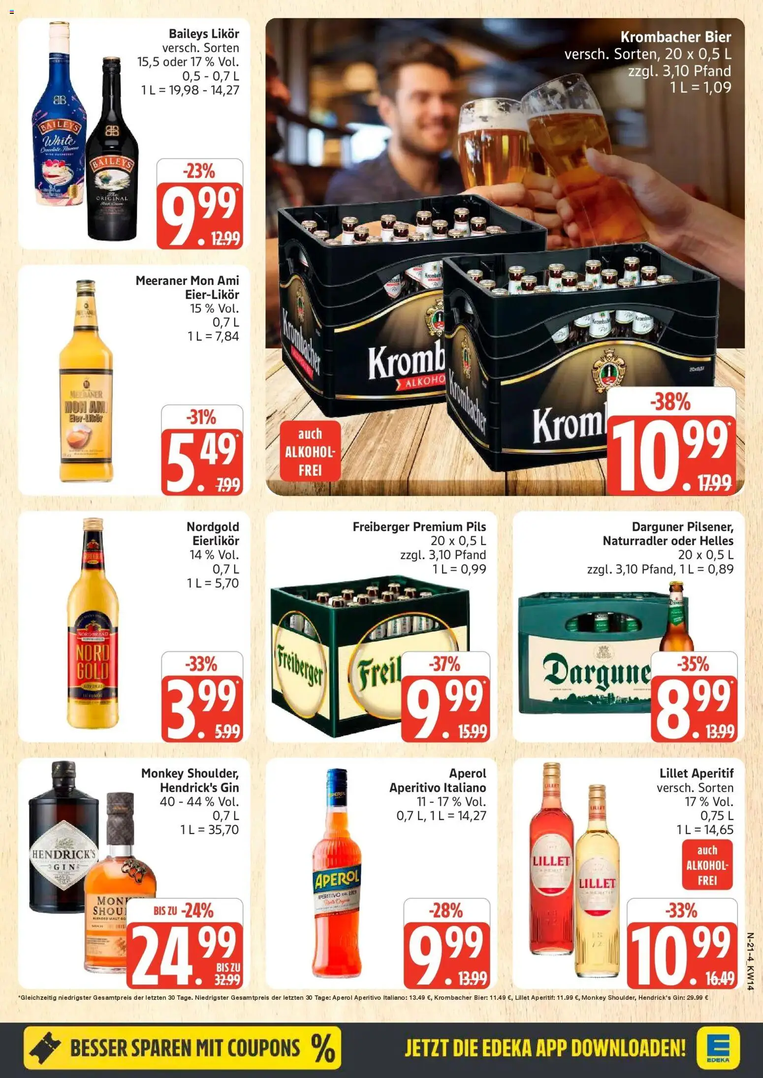 Edeka prospekt Rostock	 – gültig ab 30.03.2026 | Seite: 21 | Produkte: Bier, Lillet, Krombacher, Gin