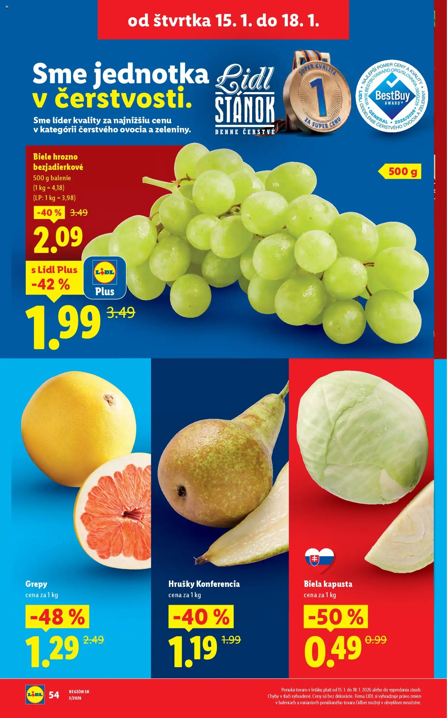 Nové Lidl akcie – leták je platný od 15.01.2026 | Strana: 6 | Produkty: Kapusta, Grapefruit, Hrušky, Hrozno