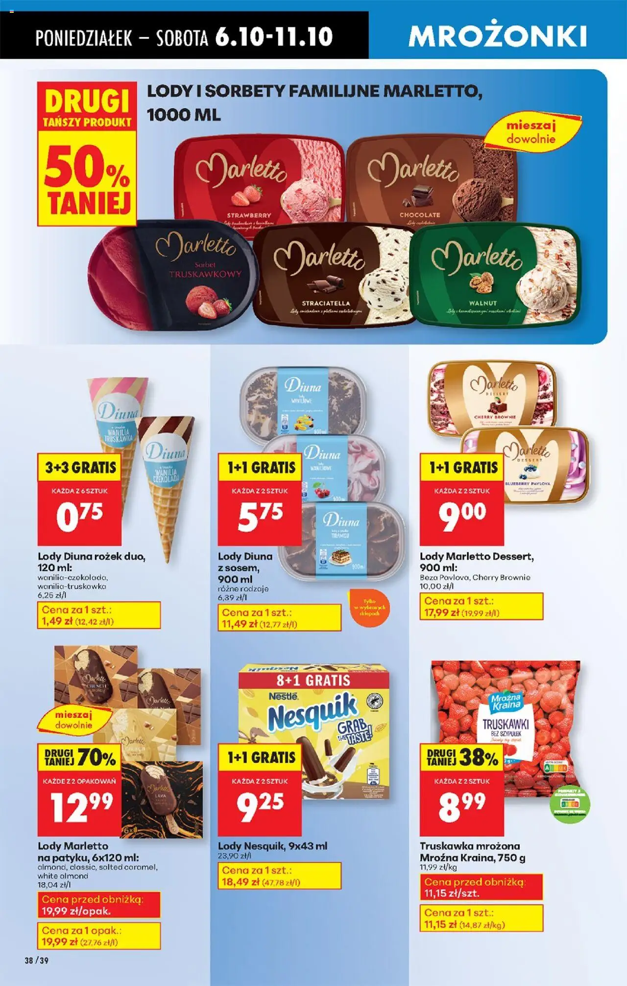 Biedronka gazetka od 06.10.2025 | Strona: 48 | Produkty: Sorbet truskawkowy, Lody Marletto, Brownie, Lody Diuna
