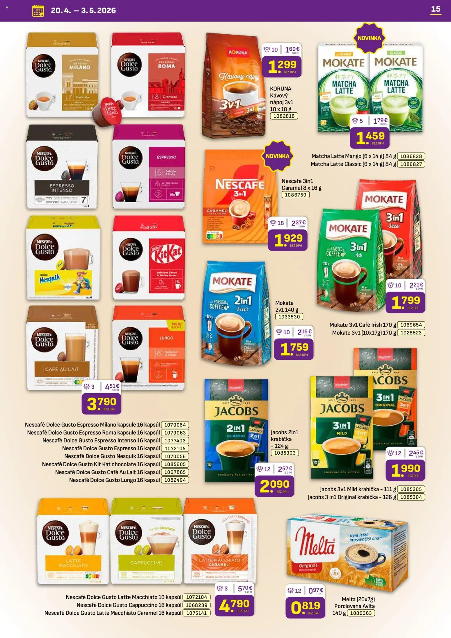 Nové Libex akcie – leták je platný od 20.04.2026 | Strana: 15 | Produkty: Dolce Gusto, Mango, Nesquik