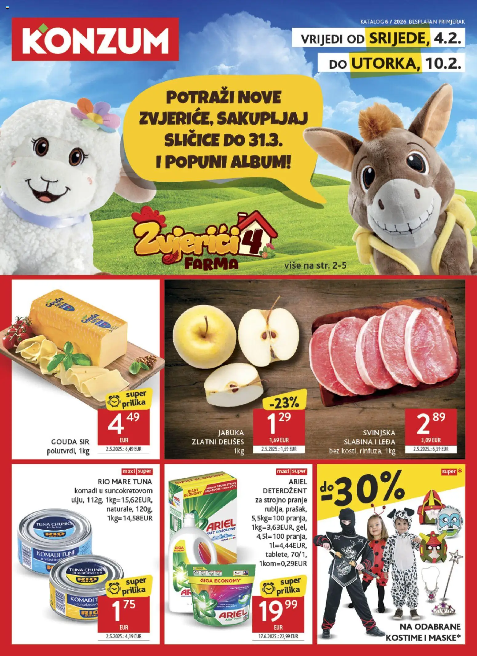 Konzum katalog | vrijedi od 04.02.2026 | Stranica: 1 | Proizvodi: Rio Mare, Deterdžent, Tuna, Gouda