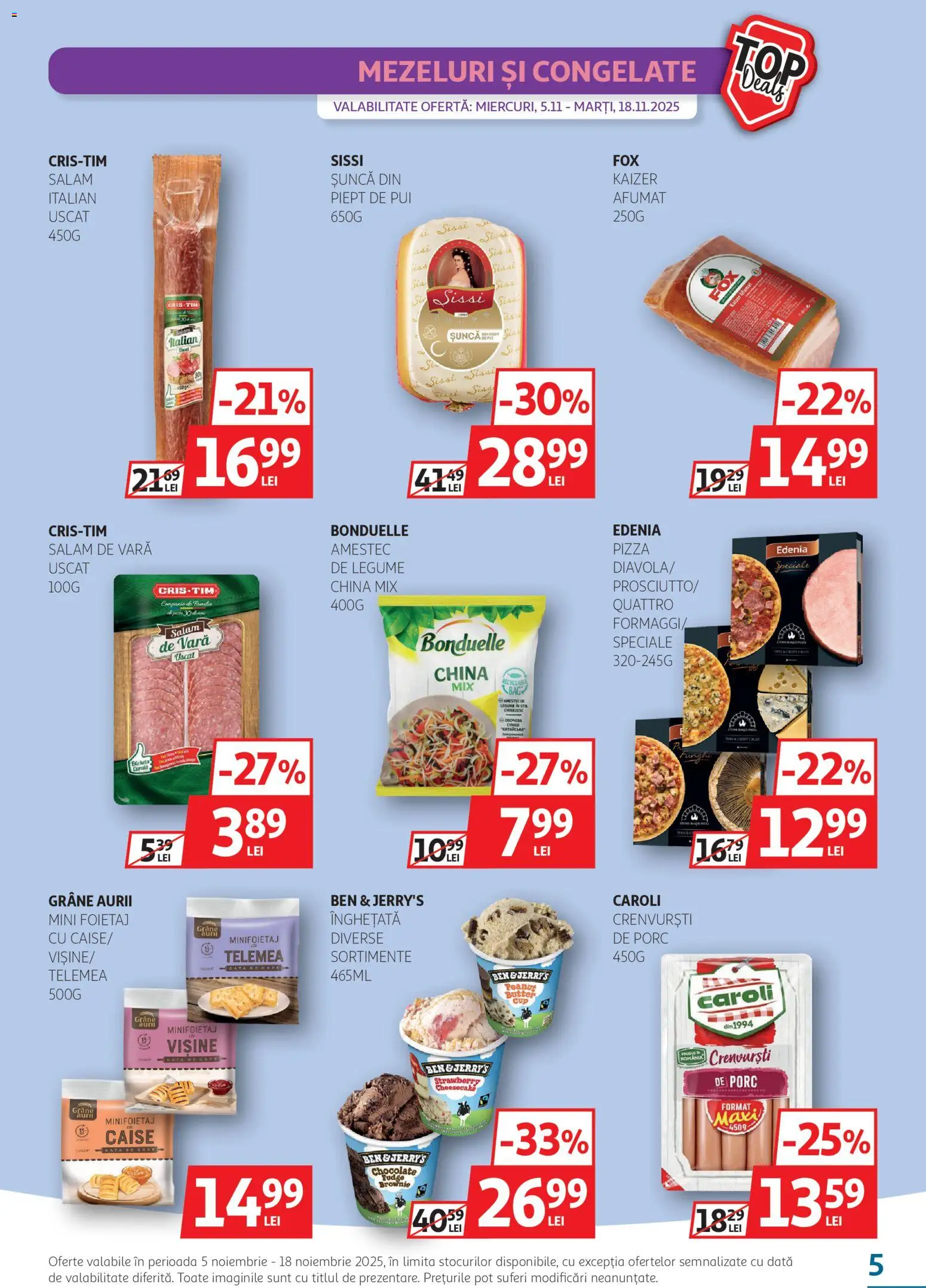 Noul catalog Auchan – valabil de la 05.11.2025 | Pagină: 5 | Produse: Crenvurști, Șuncă, Pizza, Înghețată