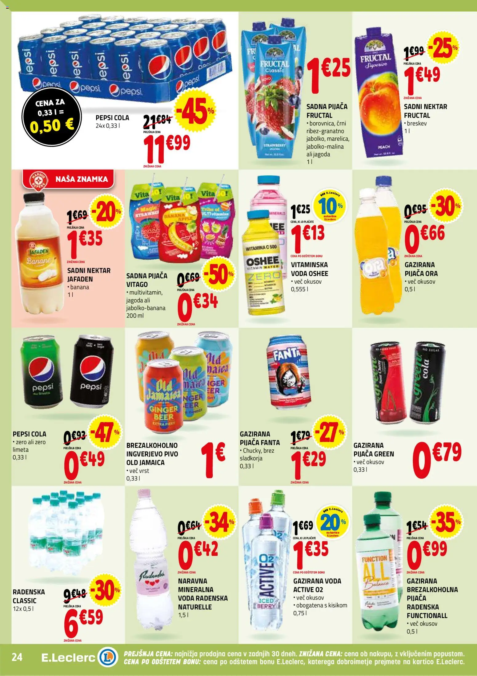 Novi E.leclerc katalog ponudbe – veljaven od 28.01.2026 | Stran: 24 | Izdelki: Pivo, Banane, Voda, Breskev