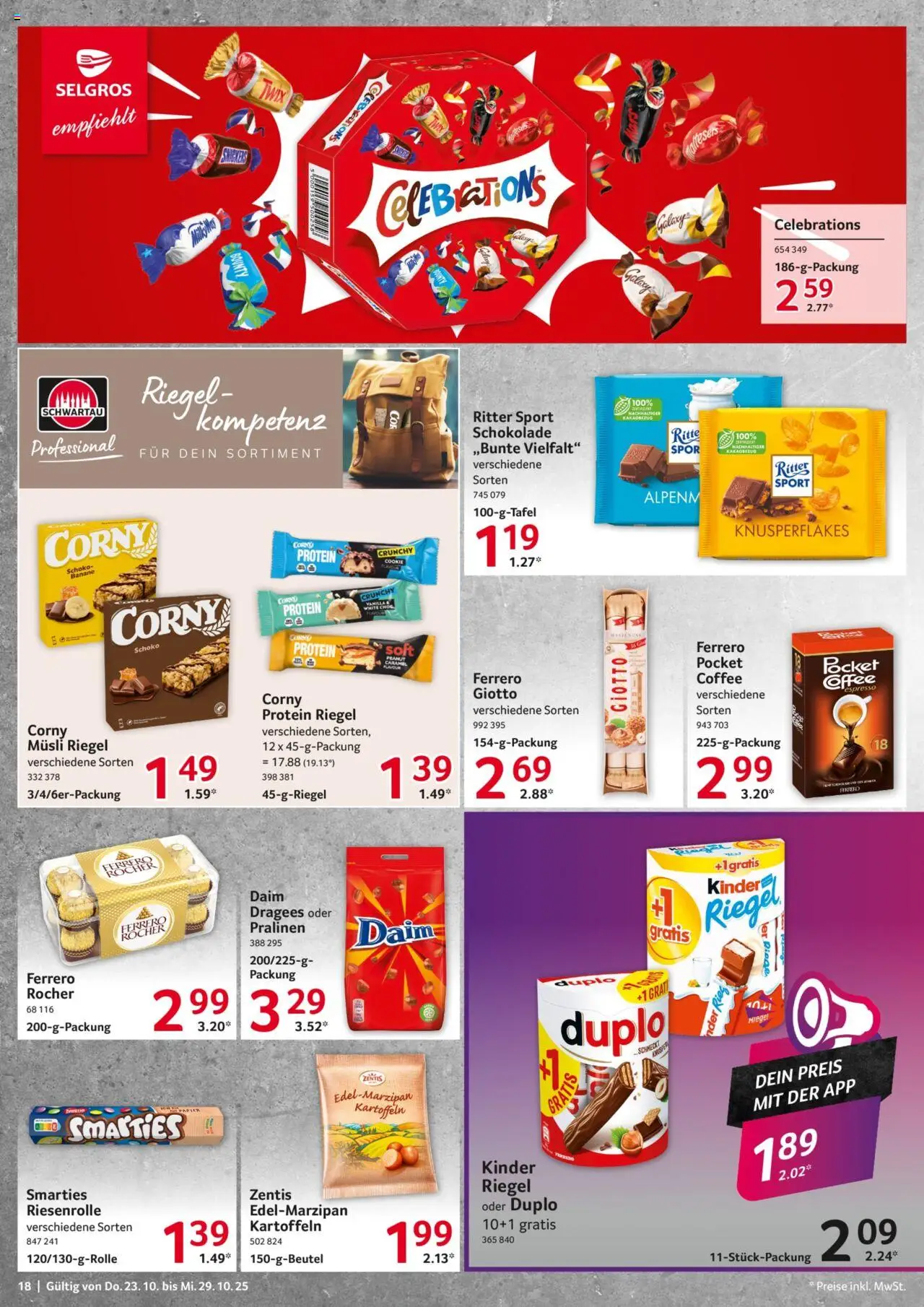 Selgros Prospekt 	 – gültig ab 23.10.2025 | Seite: 18 | Produkte: Schokolade, Ritter sport, Smarties, Kartoffeln