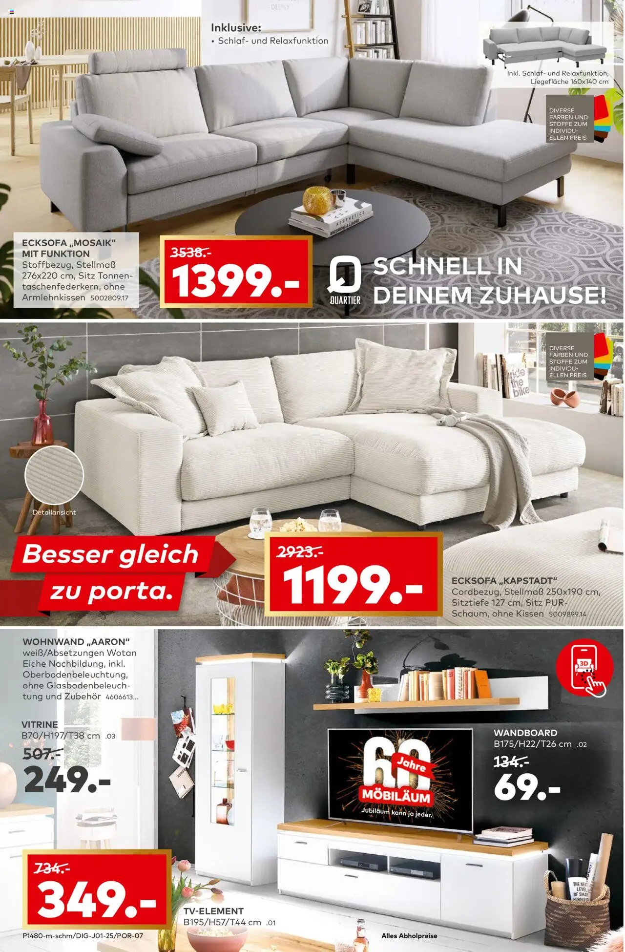 Porta! Mega Möbiläumskracher - Bielefeld – gültig ab 21.09.2025 | Seite: 2 | Produkte: Ecksofa, Wohnwand, Wandboard, Kissen