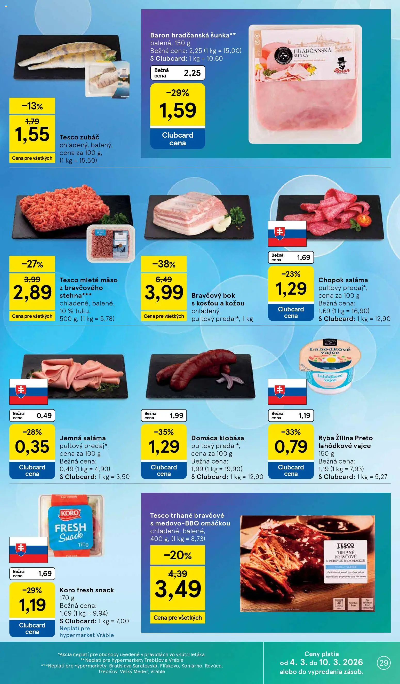Nové Tesco akcie – leták je platný od 04.03.2026 | Strana: 29 | Produkty: Saláma, Šunka, Klobása, Ryba