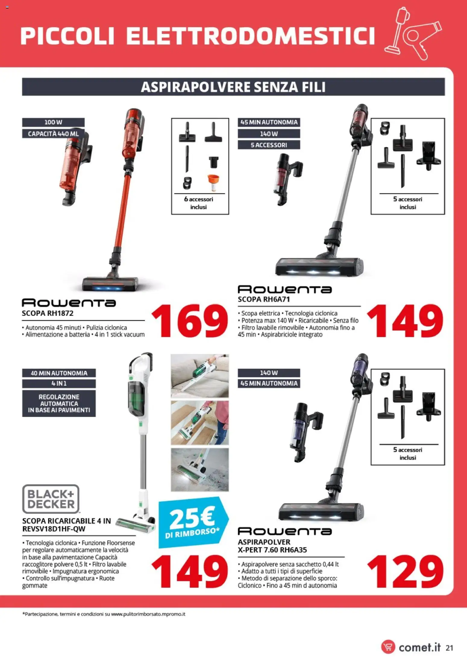 Volantino Comet del 24.04.2026 | Pagina: 21 | Prodotti: Scopa elettrica, Aspirapolvere senza fili, Scopa, Aspirapolvere