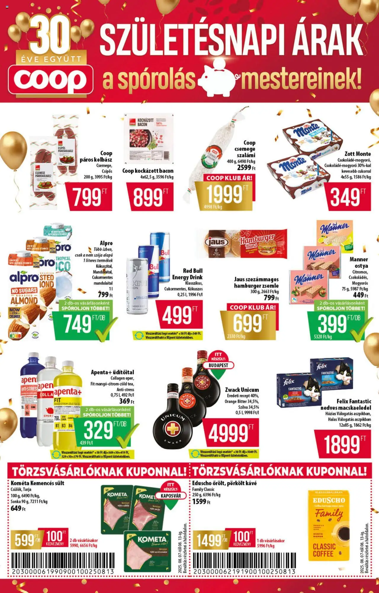 COOP akciós ujság - amely érvényes a következő dátumtól: 07.08.2025 | Oldal: 3 | Termékek: Hamburger zsemle, Zsemle, Red bull, Bacon