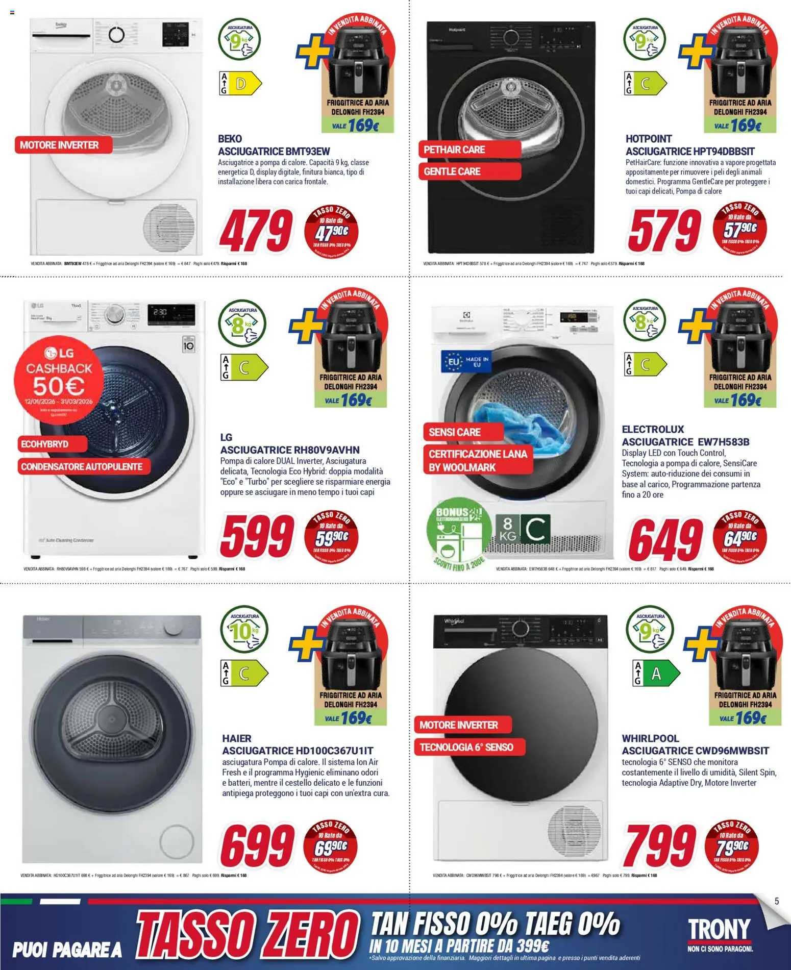 Volantino Trony del 15.01.2026 | Pagina: 5 | Prodotti: Friggitrice ad aria, Asciugatrice, Friggitrice