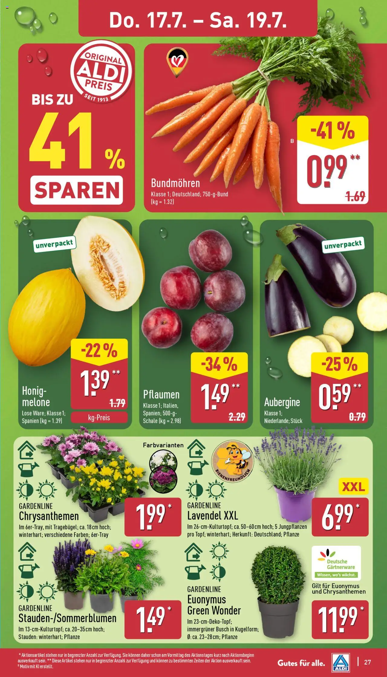 Aldi Prospekt 	 - gültig ab dem 14.07.2025 | Seite: 27 | Produkte: Pflaumen, Honigmelone, Melone, Lavendel