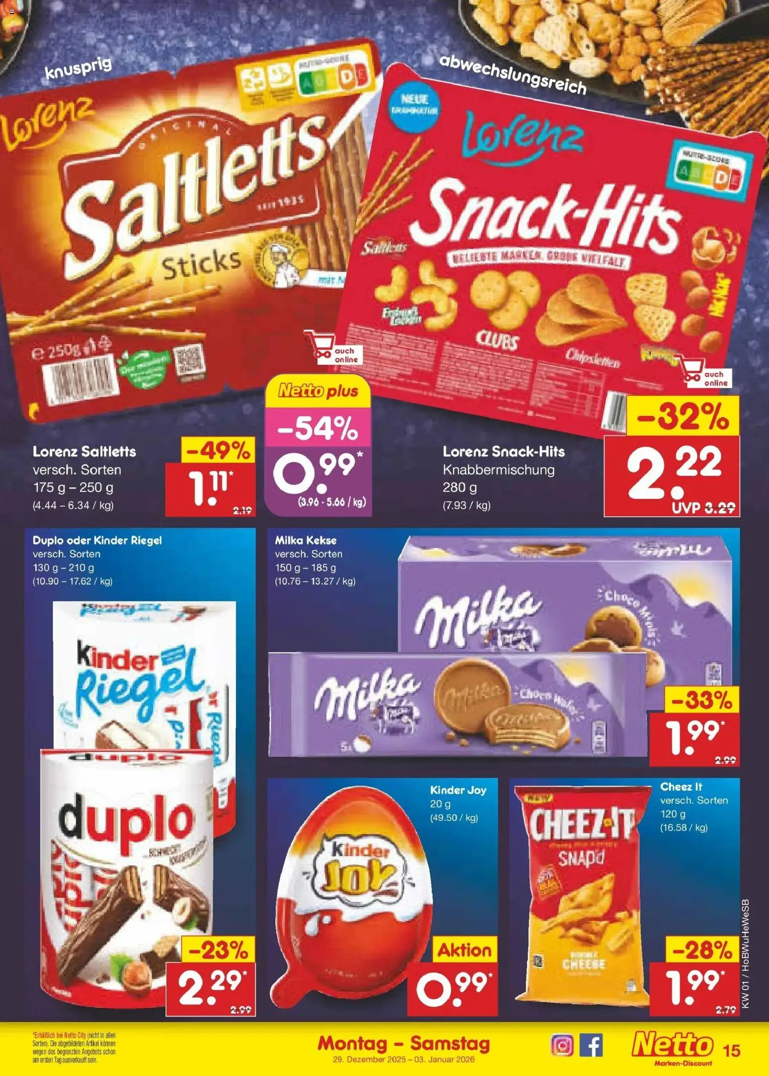 Netto Marken-Discount prospekt Stemwede-Dielingen	 – gültig ab 28.12.2025 | Seite: 15 | Produkte: Milka, Kinder riegel, Kinder joy, Kekse