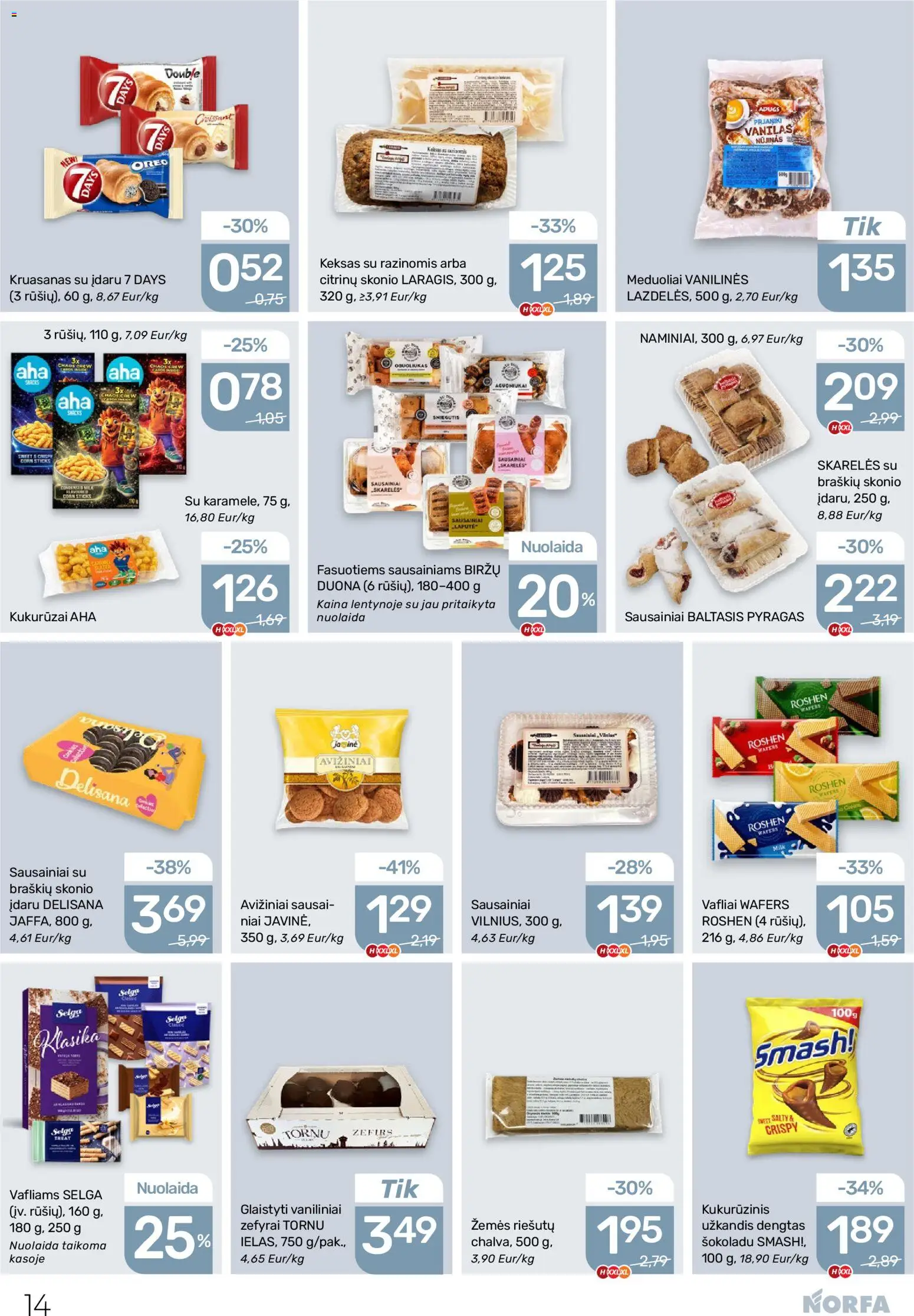 NORFA akcijos nuo 02.04.2026 | Puslapis: 14 | Prekių: Sausainiai, Kukurūzai, Pyragas, Duona