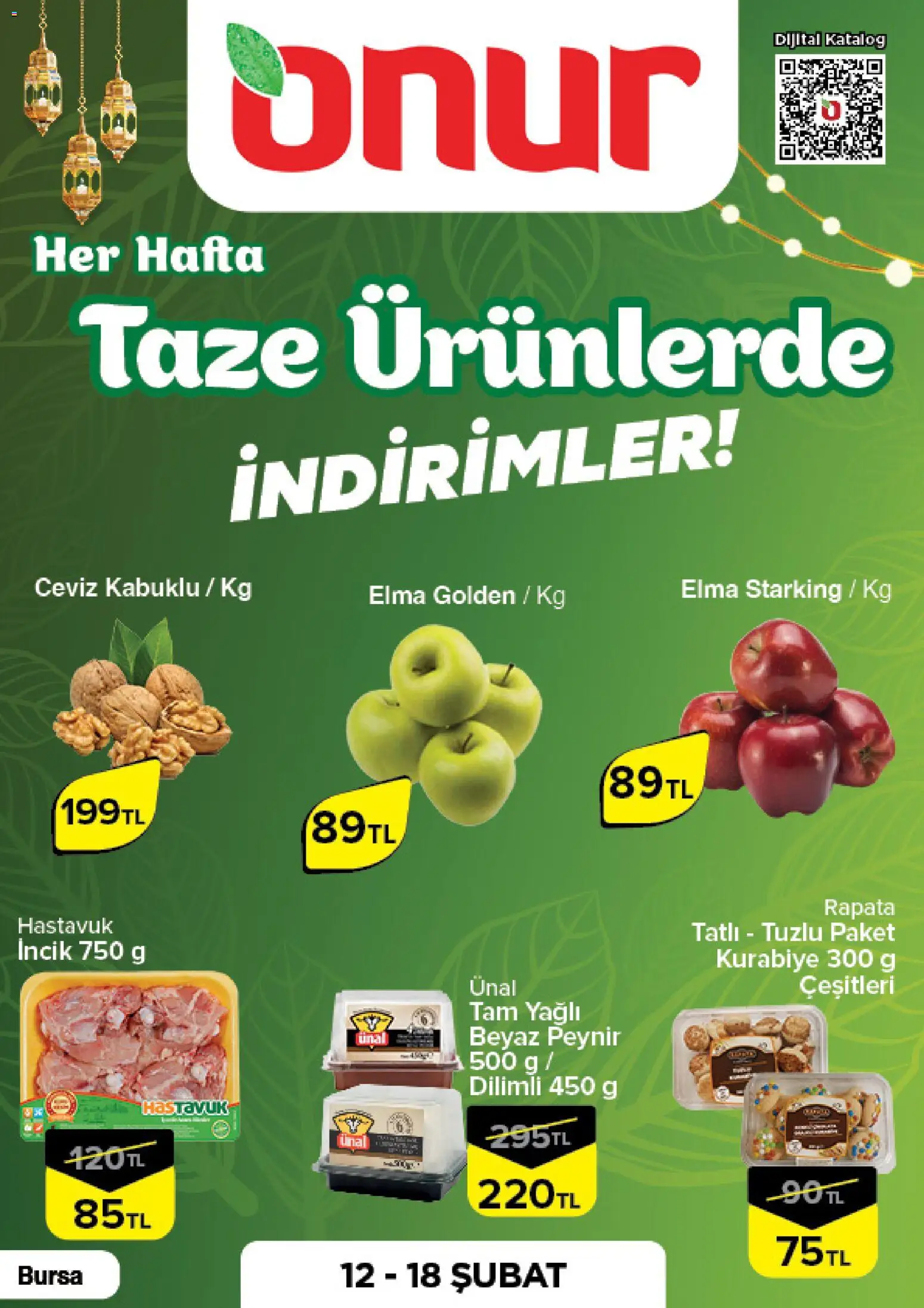 Onur Market Taze Ürünlerde İndirimler - Bursa - 12.02.2026 tarihinden itibaren geçerlidir | Sayfa: 1 | Ürünler: Peynir, Elma, Kurabiye, Ceviz