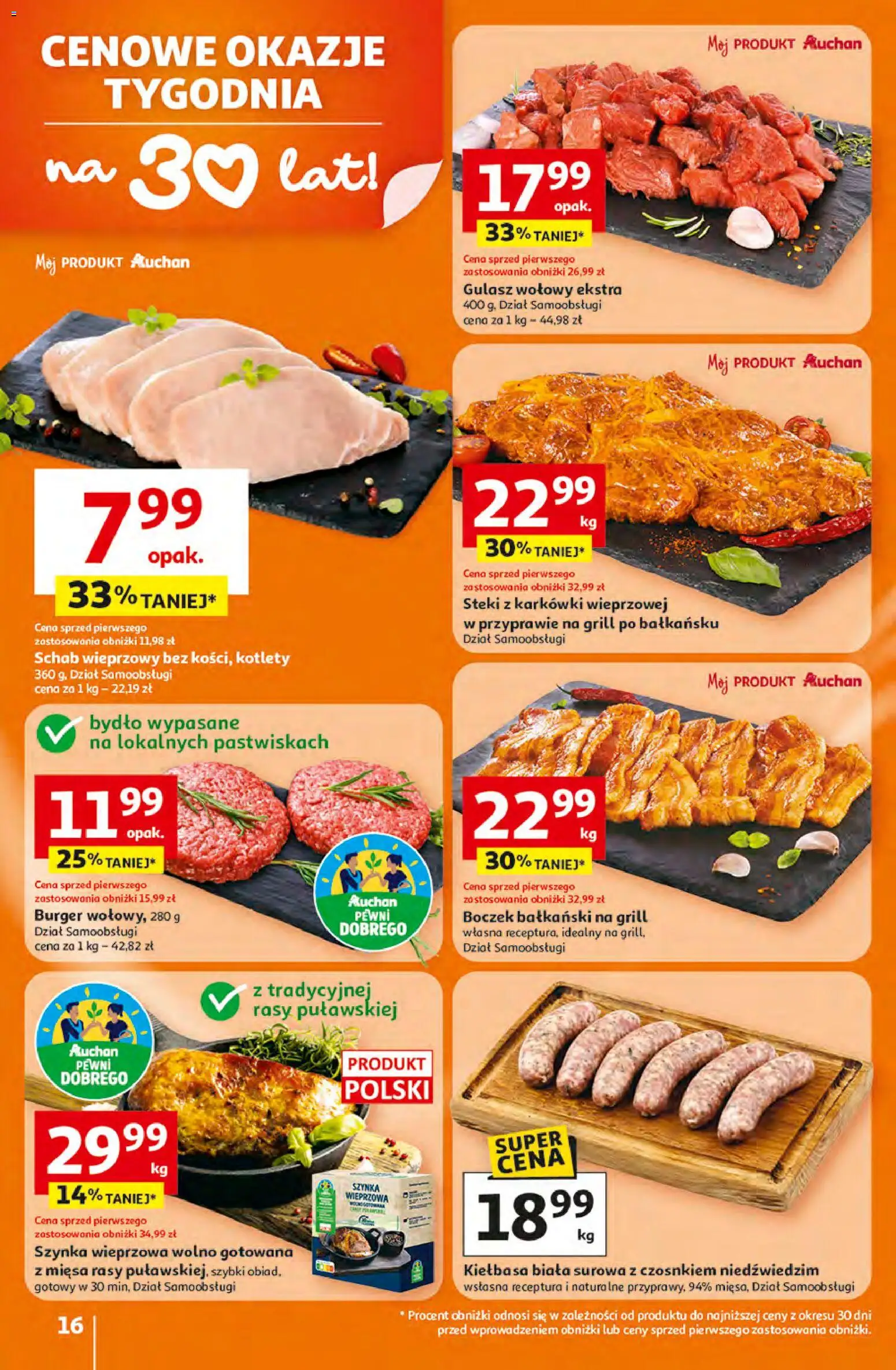 Auchan gazetka - 30 Lat Hipermarket od 16.04.2026 | Strona: 16 | Produkty: Kiełbasa, Schab, Szynka wieprzowa, Boczek