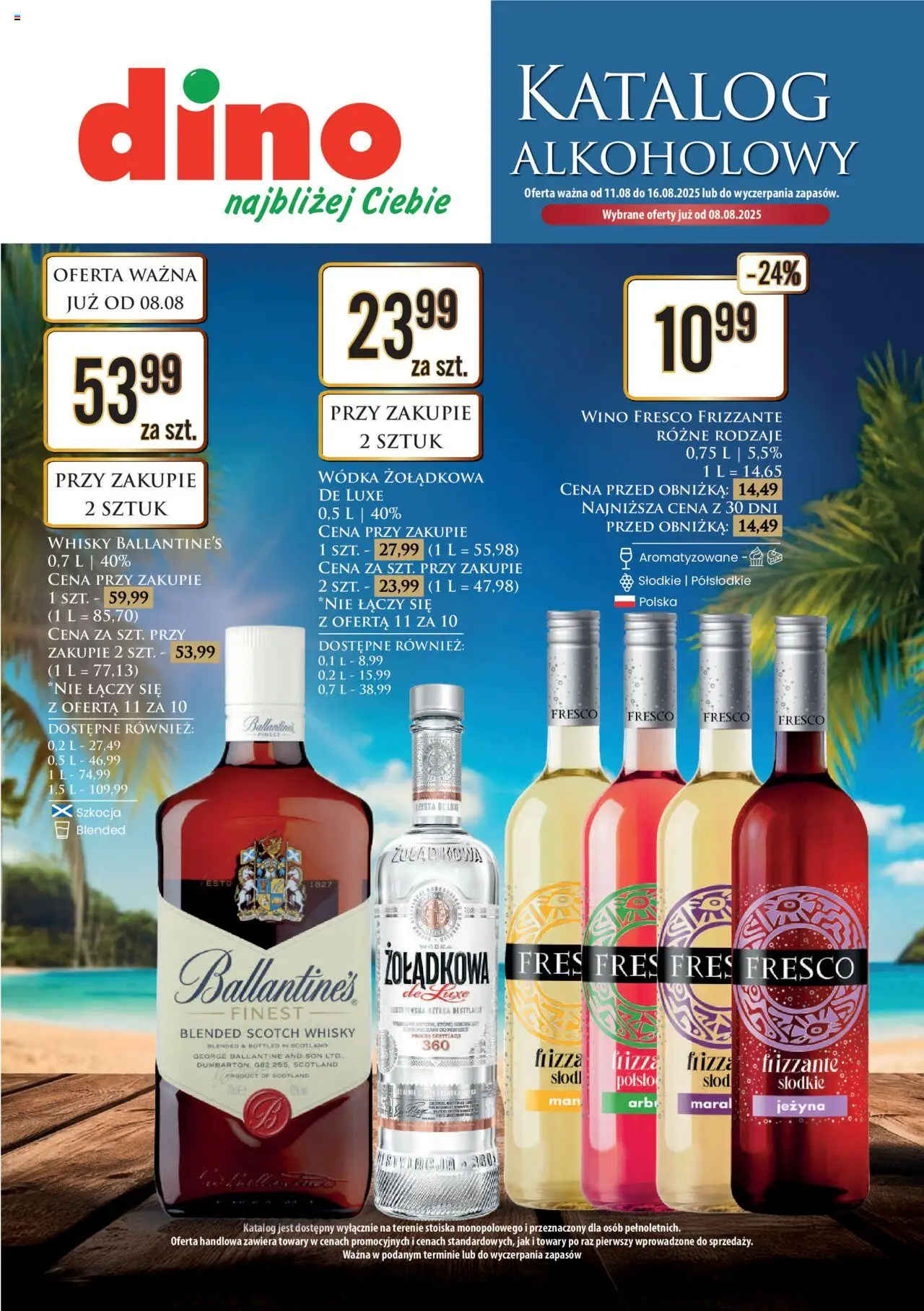 Dino Gazetka alkoholowa od 11.08.2025 | Strona: 1 | Produkty: Wino, Fresco, Wódka, Whisky