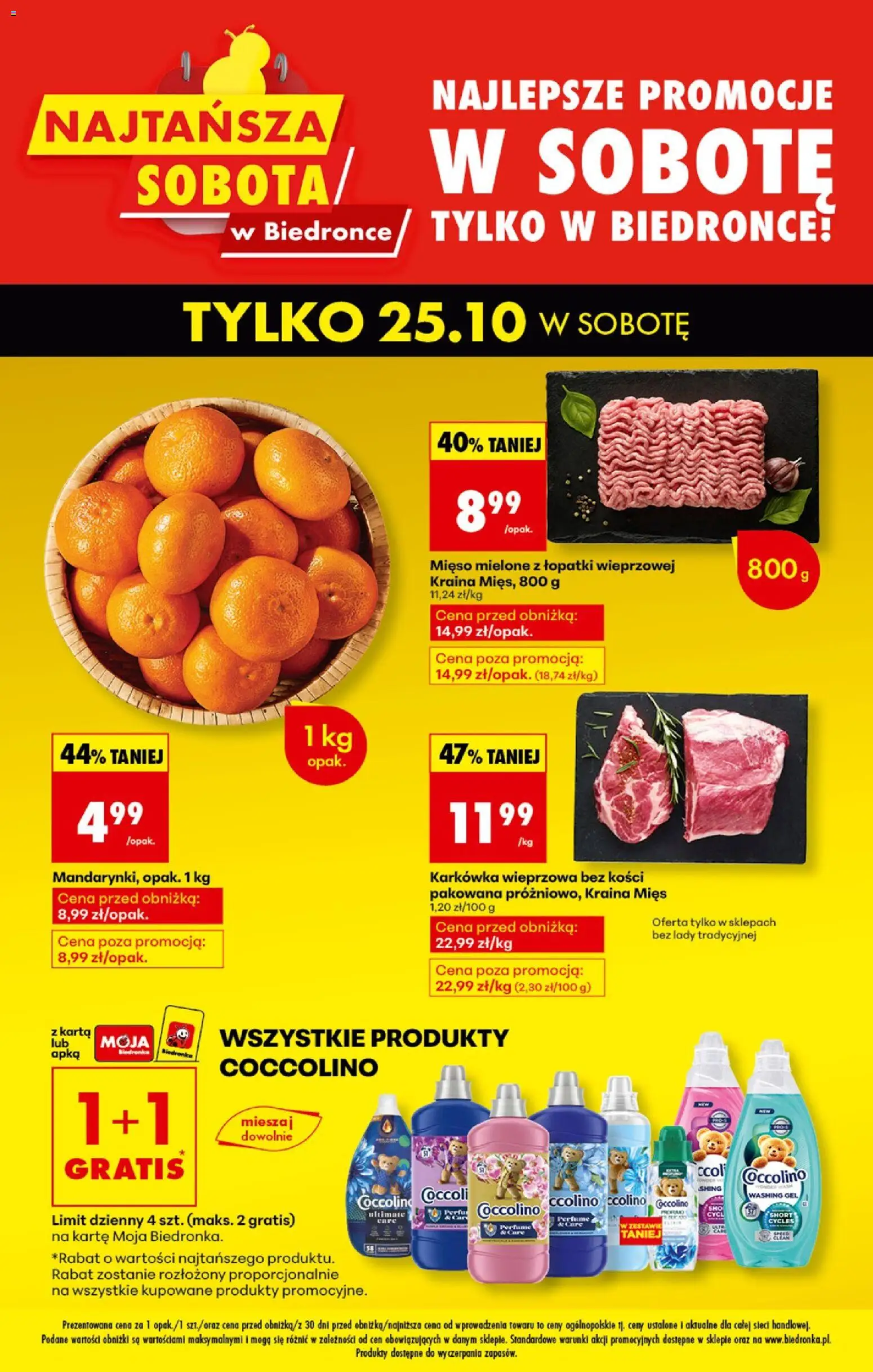 Biedronka gazetka - Najtańsza sobota od 25.10.2025 | Strona: 1 | Produkty: Karkówka, Karkówka wieprzowa, Kraina mięs, Coccolino