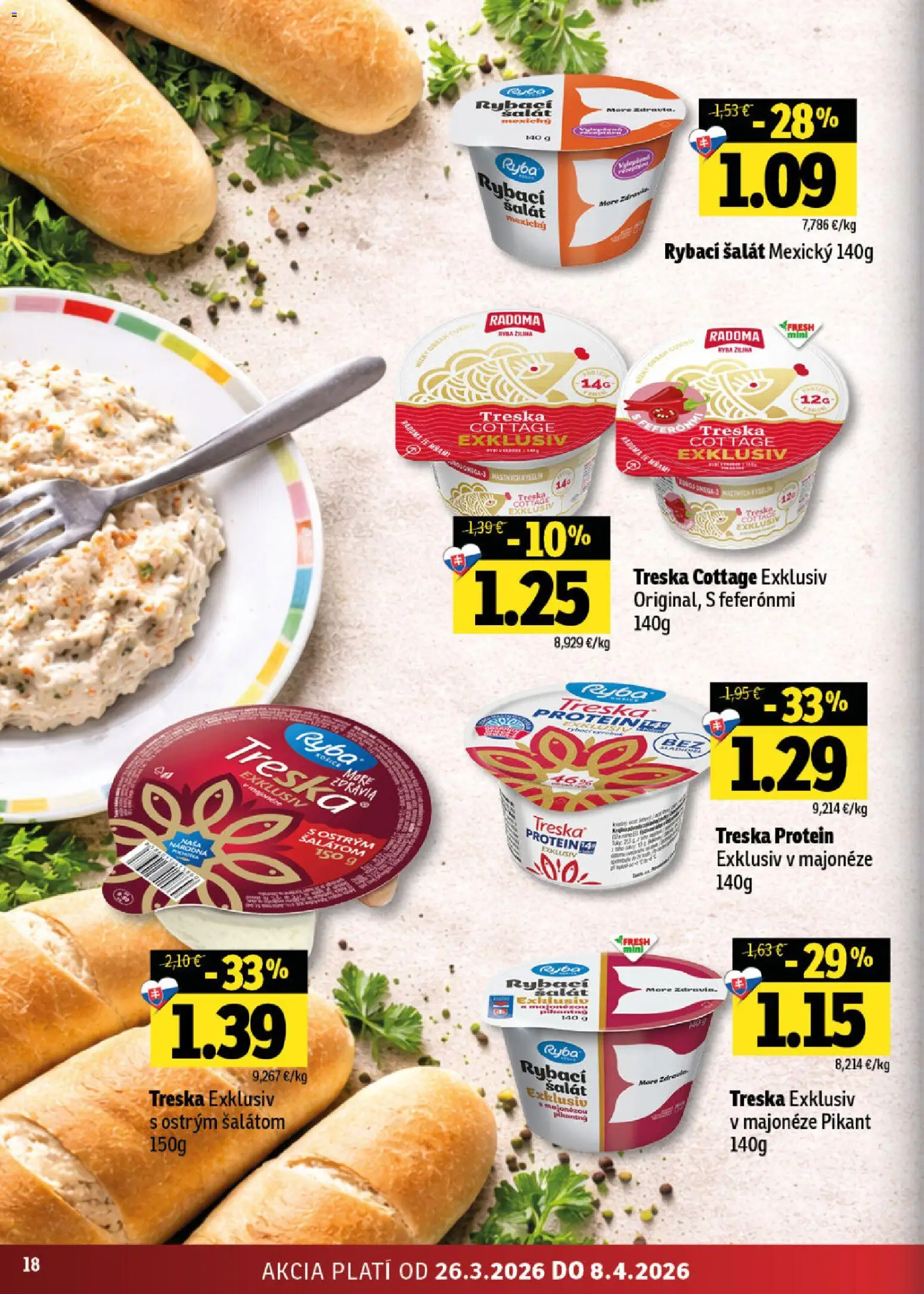 Nové Fresh akcie – leták je platný od 26.03.2026 | Strana: 18 | Produkty: Protein, Ryba, Šalát, Treska