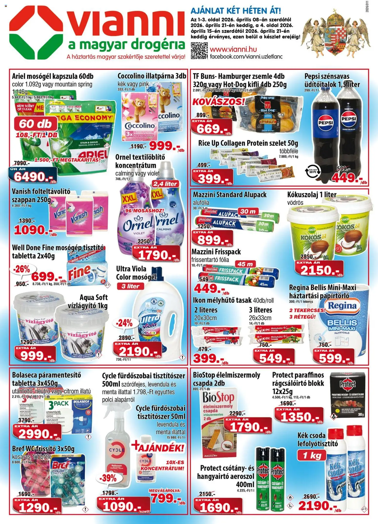 Vianni akciós ujság - amely érvényes a következő dátumtól: 08.04.2026 | Oldal: 1 | Termékek: Ariel, Kifli, Mosógép, Hangyairtó
