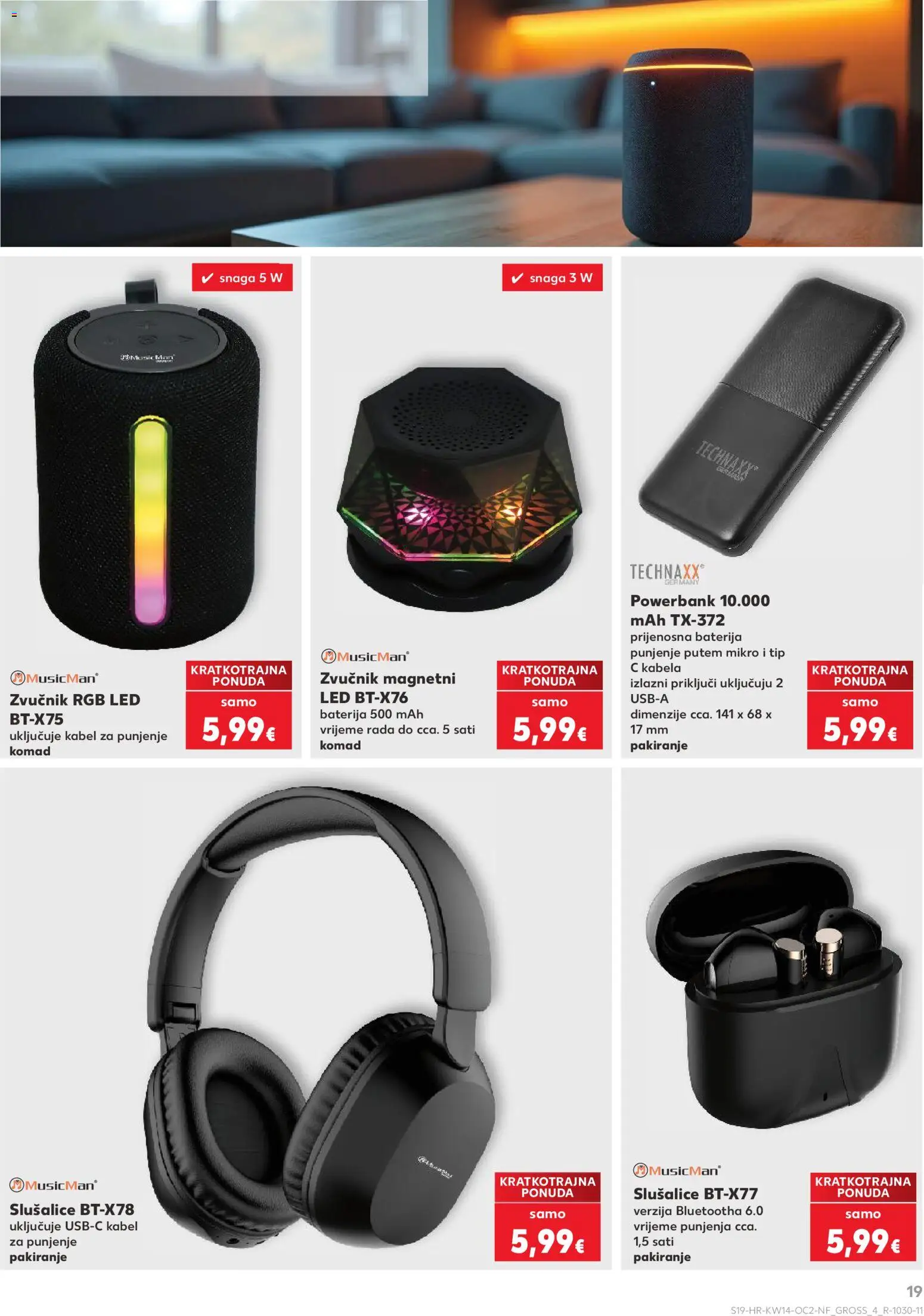 Kaufland katalog | vrijedi od 01.04.2026 | Stranica: 19 | Proizvodi: Baterija, Slušalice, Kabel, Zvučnik