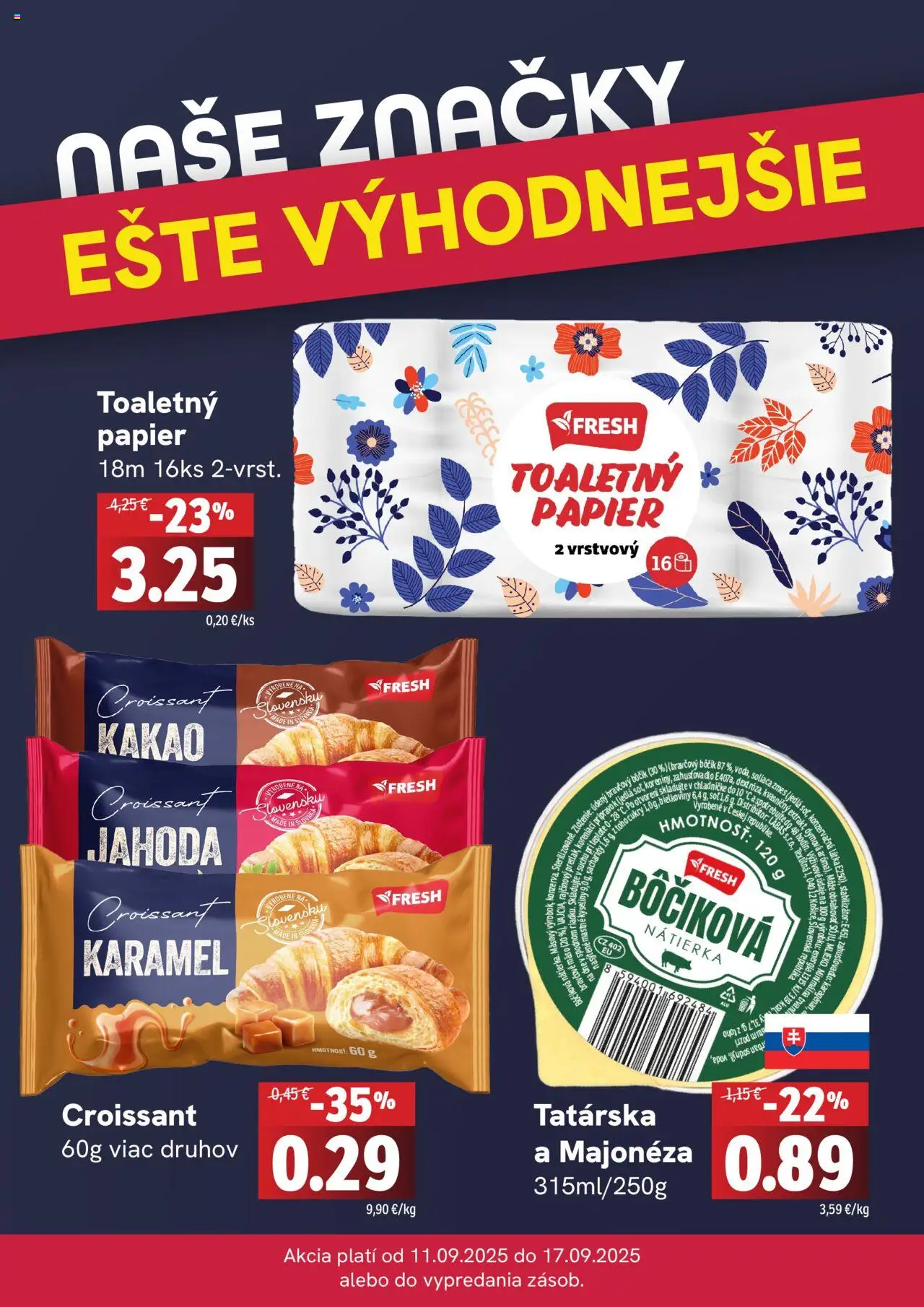Nové Fresh akcie – leták je platný od 11.09.2025 | Strana: 4 | Produkty: Croissant, Toaletný papier, Kakao