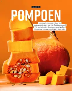 POMPOEN, Lichtzoet, mooi van kleur en superveelzijdig: meet de (fles)pompoen! We vertellen je alles over deze herfst-favoriet en nemen een kijkje bij de teler. - Voorbeeld van een folder van Albert Heijn, geldig van 06.10.2025 | Pagina: 76