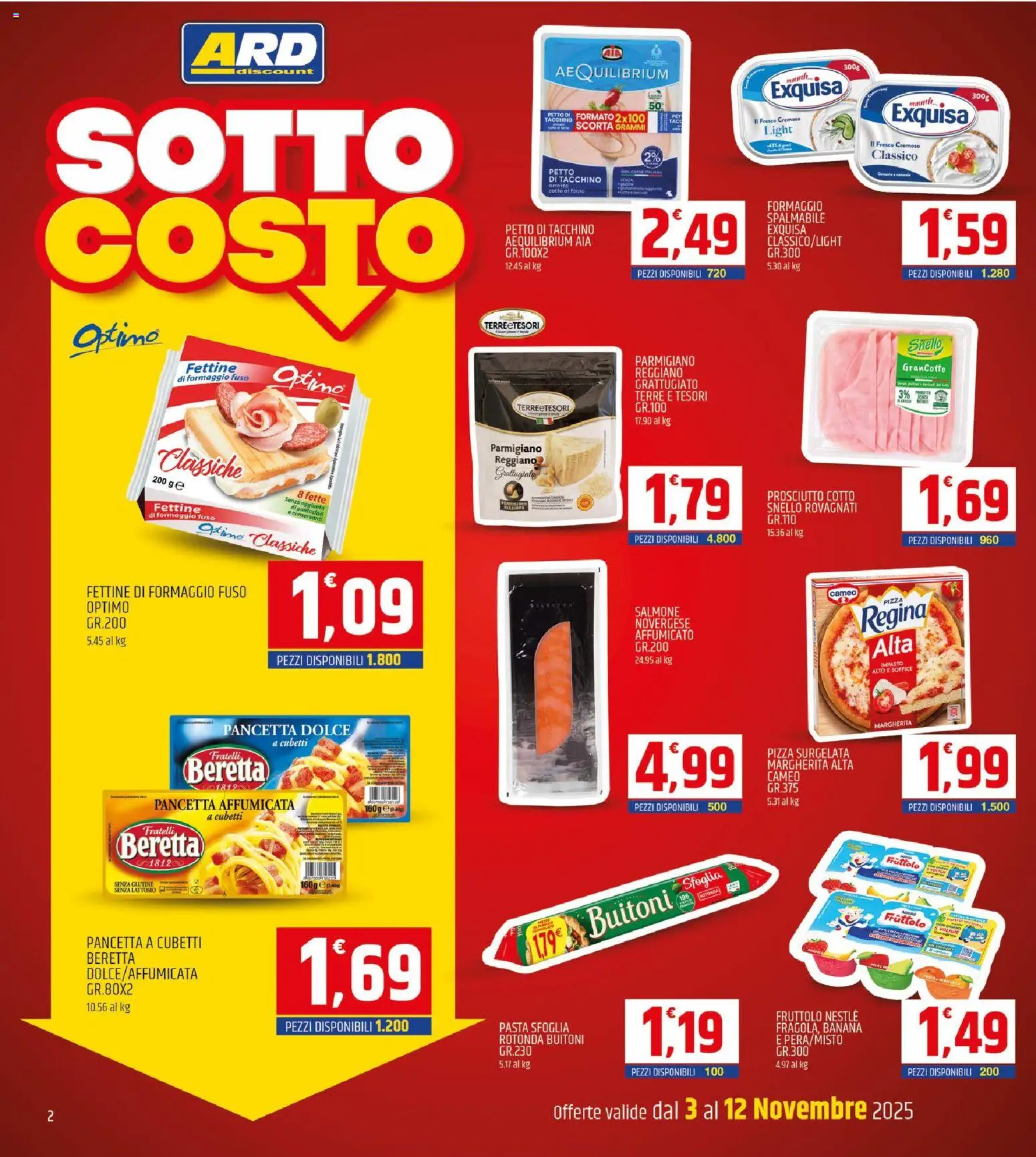 Volantino ARD Discount del 03.11.2025 | Pagina: 2 | Prodotti: Formaggio, Prosciutto, Parmigiano reggiano, Parmigiano