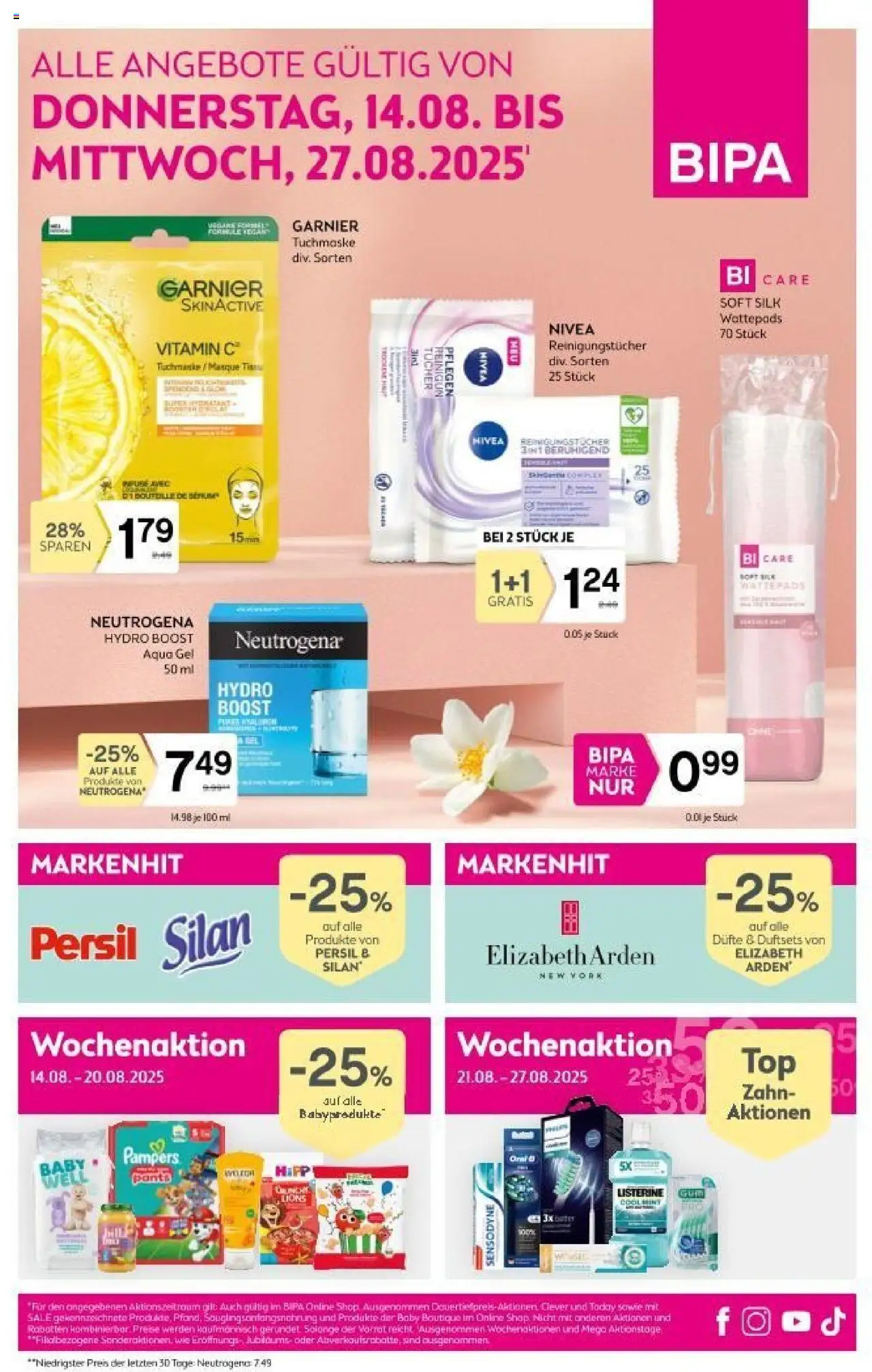 Bipa Flugblatt gültig ab 14.08.2025 | Seite: 1 | Produkte: Pampers, Reinigungstücher